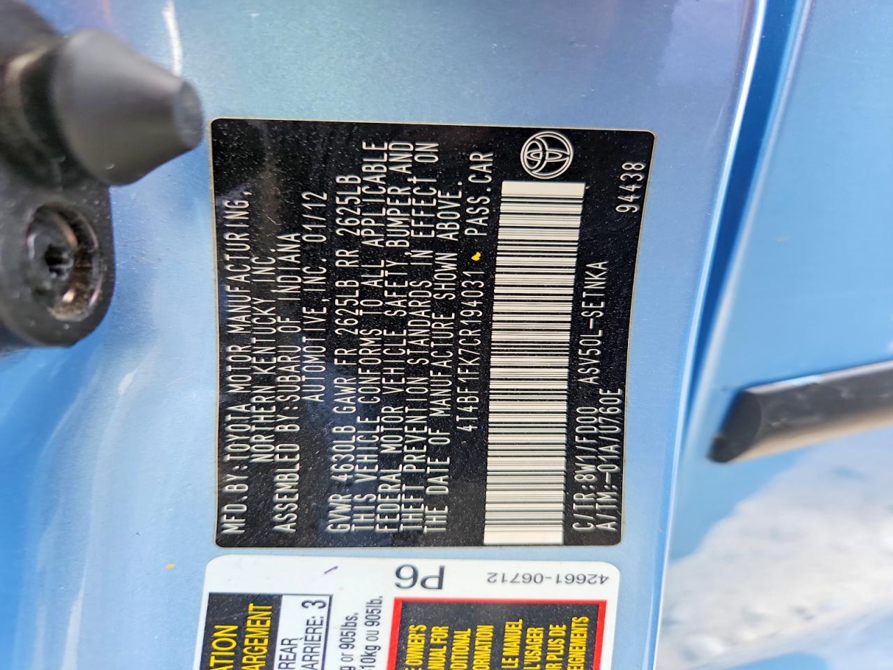 2012 Toyota Camry Le Blue vin: 4T4BF1FK7CR194031