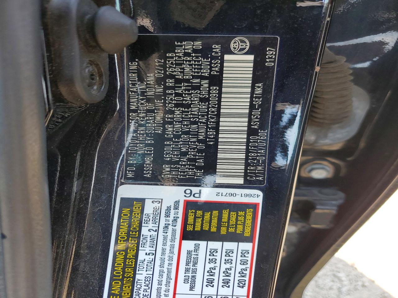 2012 Toyota Camry Le Black vin: 4T4BF1FK7CR200989