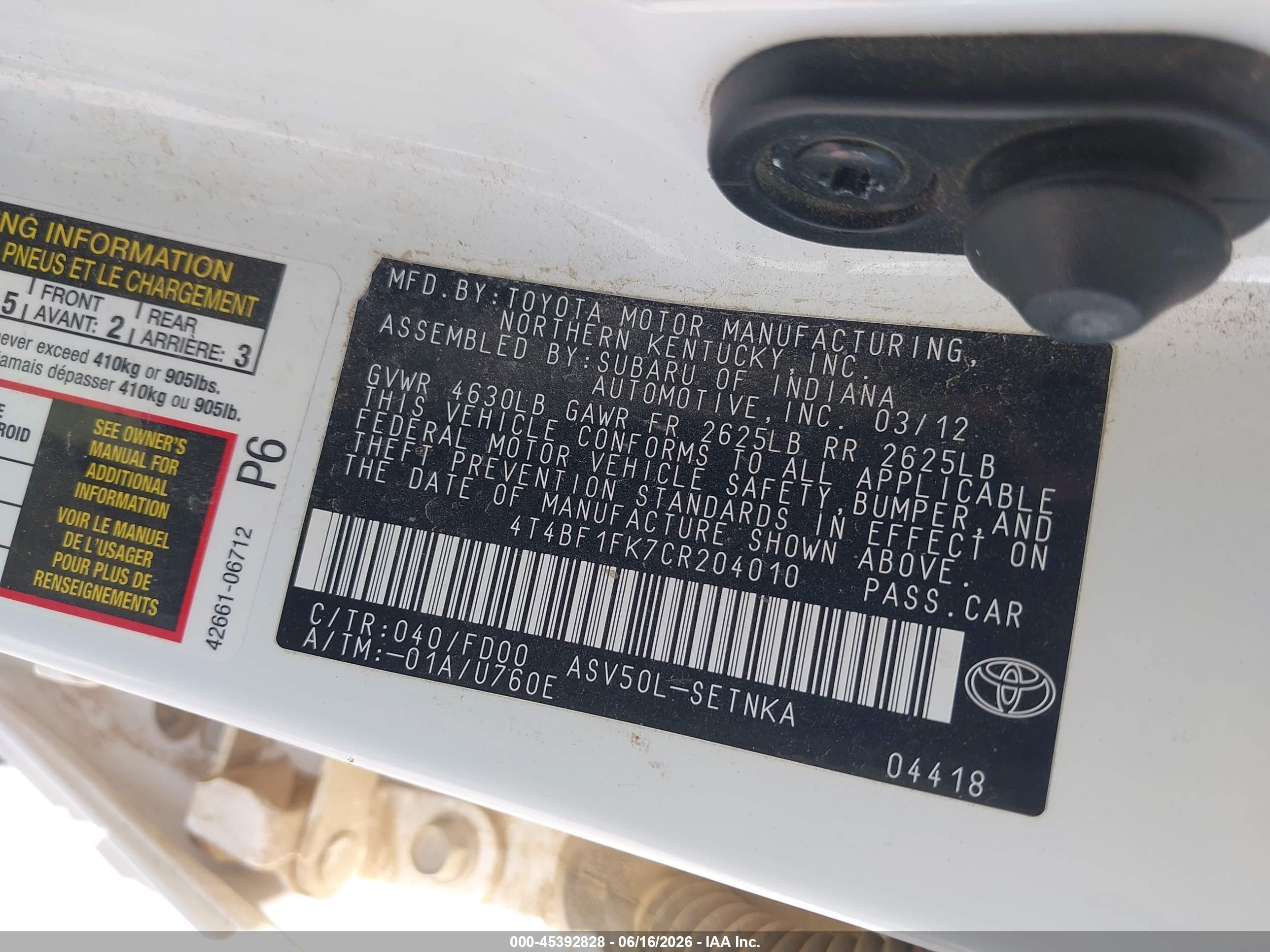 2012 Toyota Camry Le White vin: 4T4BF1FK7CR204010