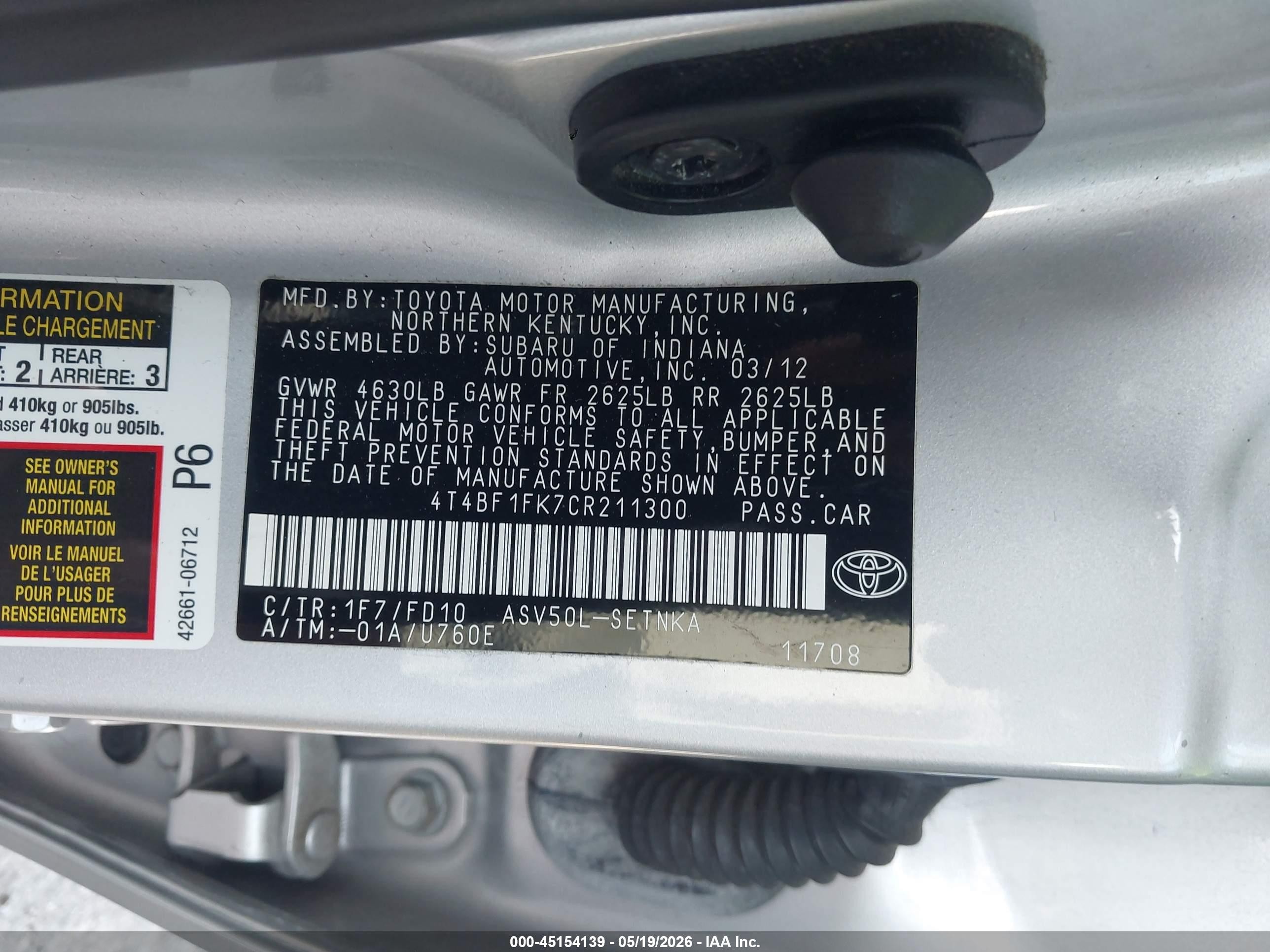 2012 Toyota Camry Le Silver vin: 4T4BF1FK7CR211300