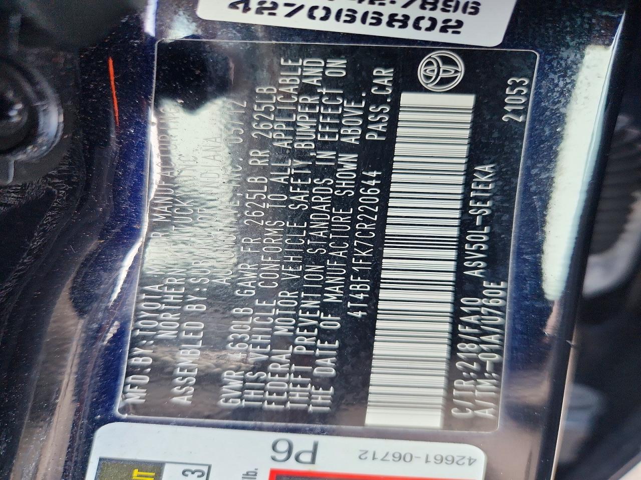 2012 Toyota Camry L Black vin: 4T4BF1FK7CR220644