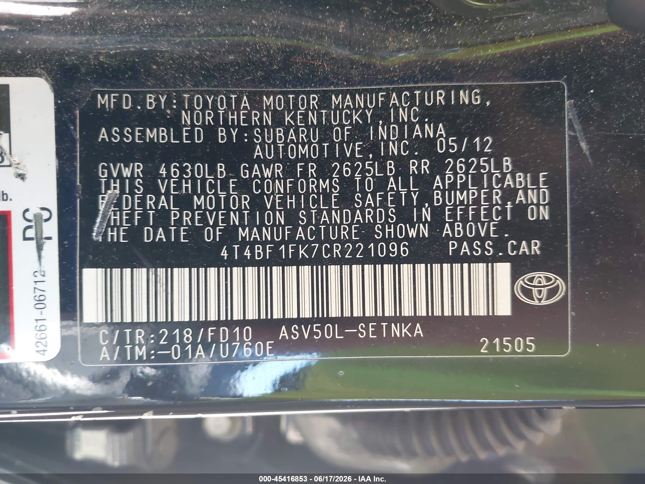 2012 Toyota Camry Le Black vin: 4T4BF1FK7CR221096