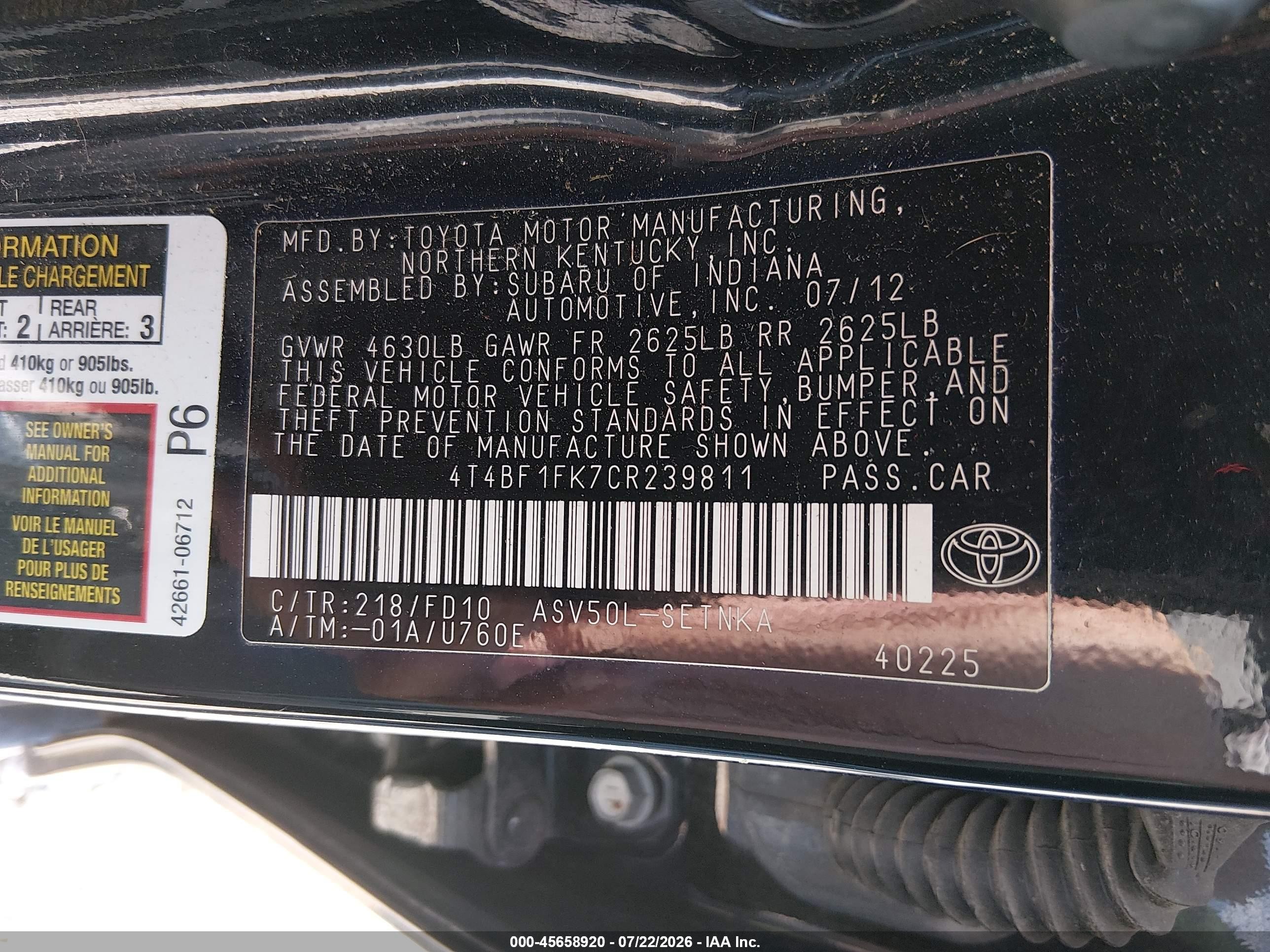 2012 Toyota Camry Le Черный vin: 4T4BF1FK7CR239811