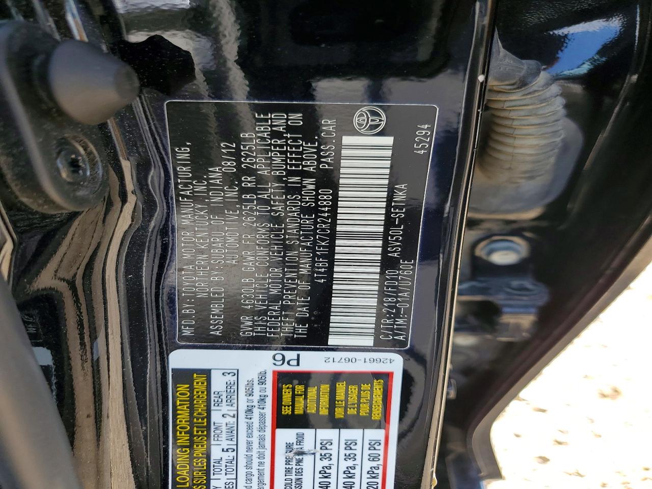 2012 Toyota Camry Le Black vin: 4T4BF1FK7CR244880
