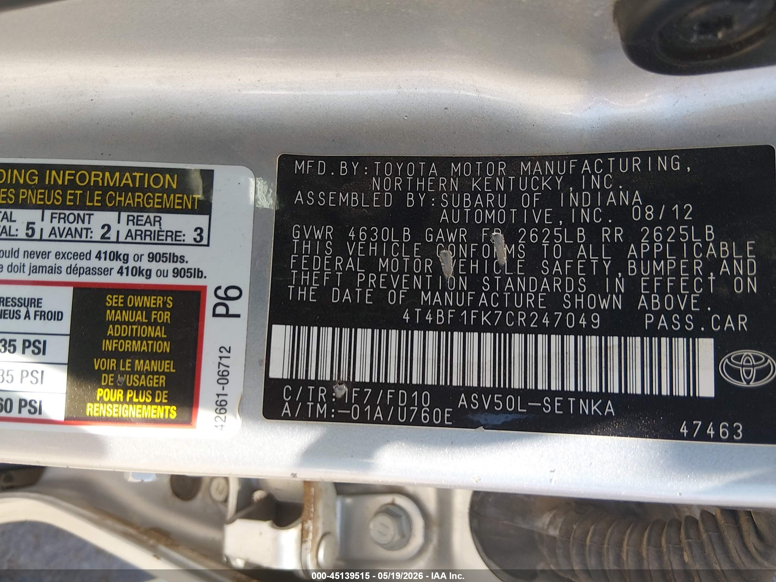 2012 Toyota Camry Le Silver vin: 4T4BF1FK7CR247049