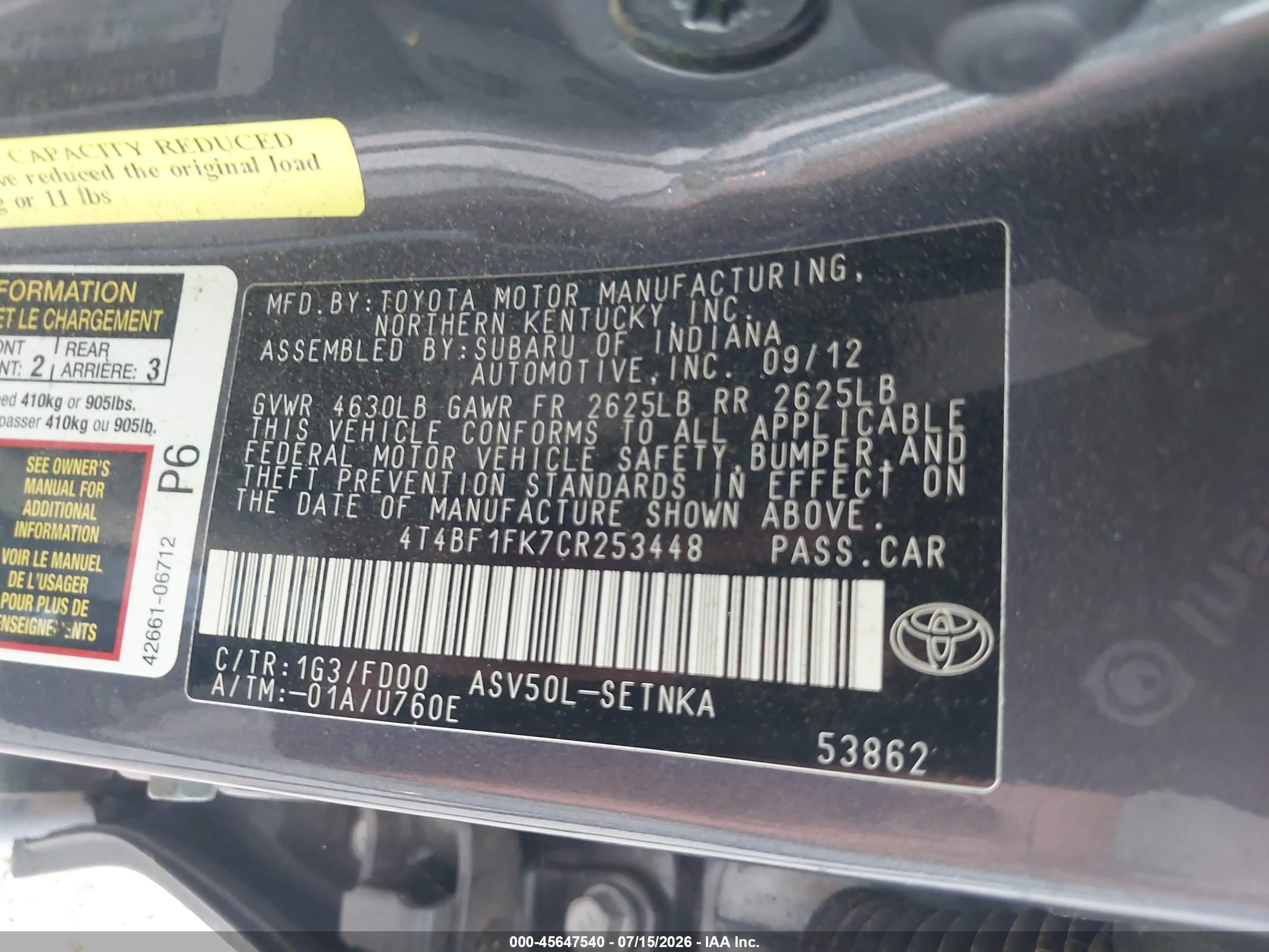 2012 Toyota Camry Le Серый vin: 4T4BF1FK7CR253448