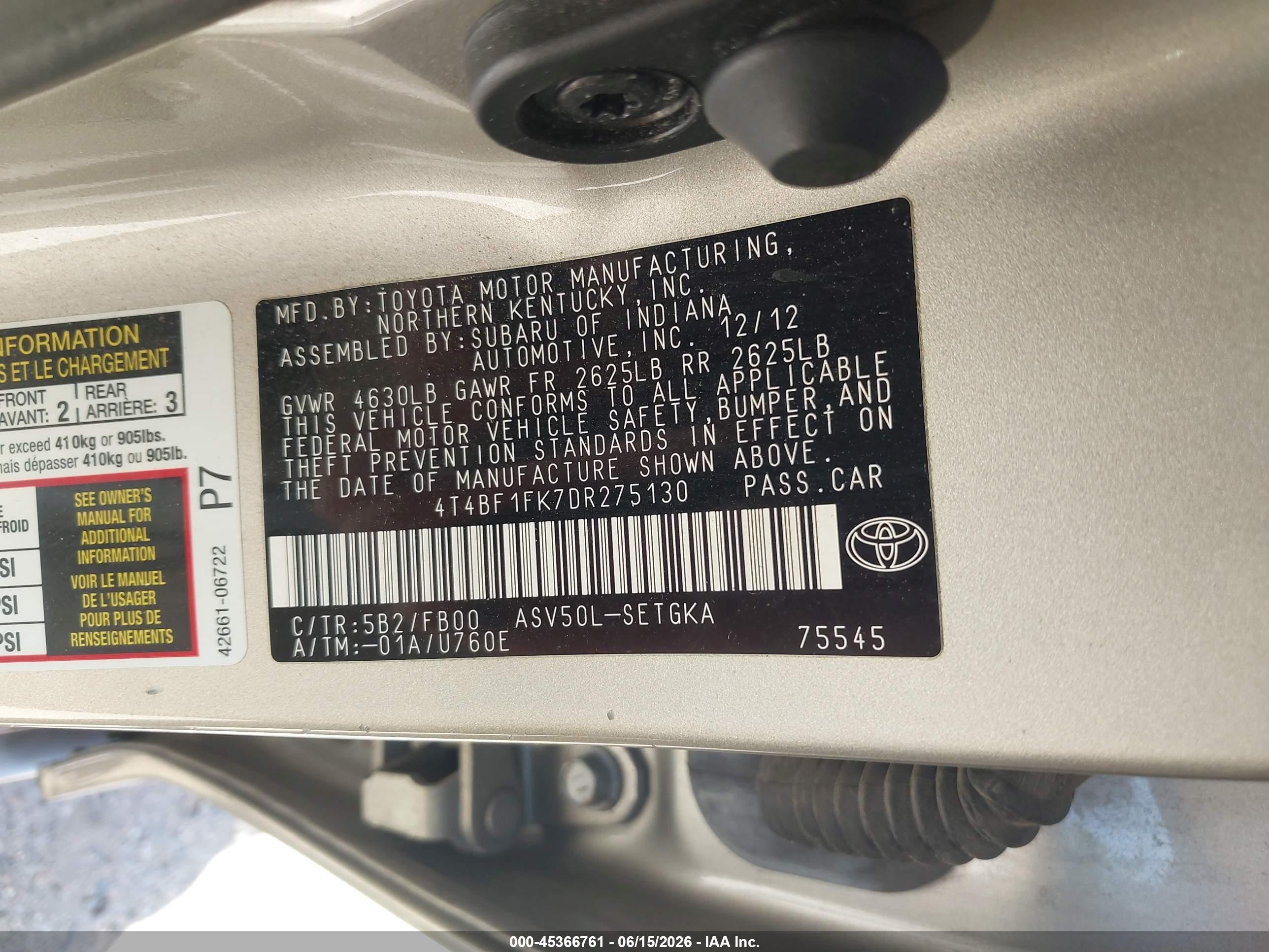 2013 Toyota Camry Xle Champagne vin: 4T4BF1FK7DR275130