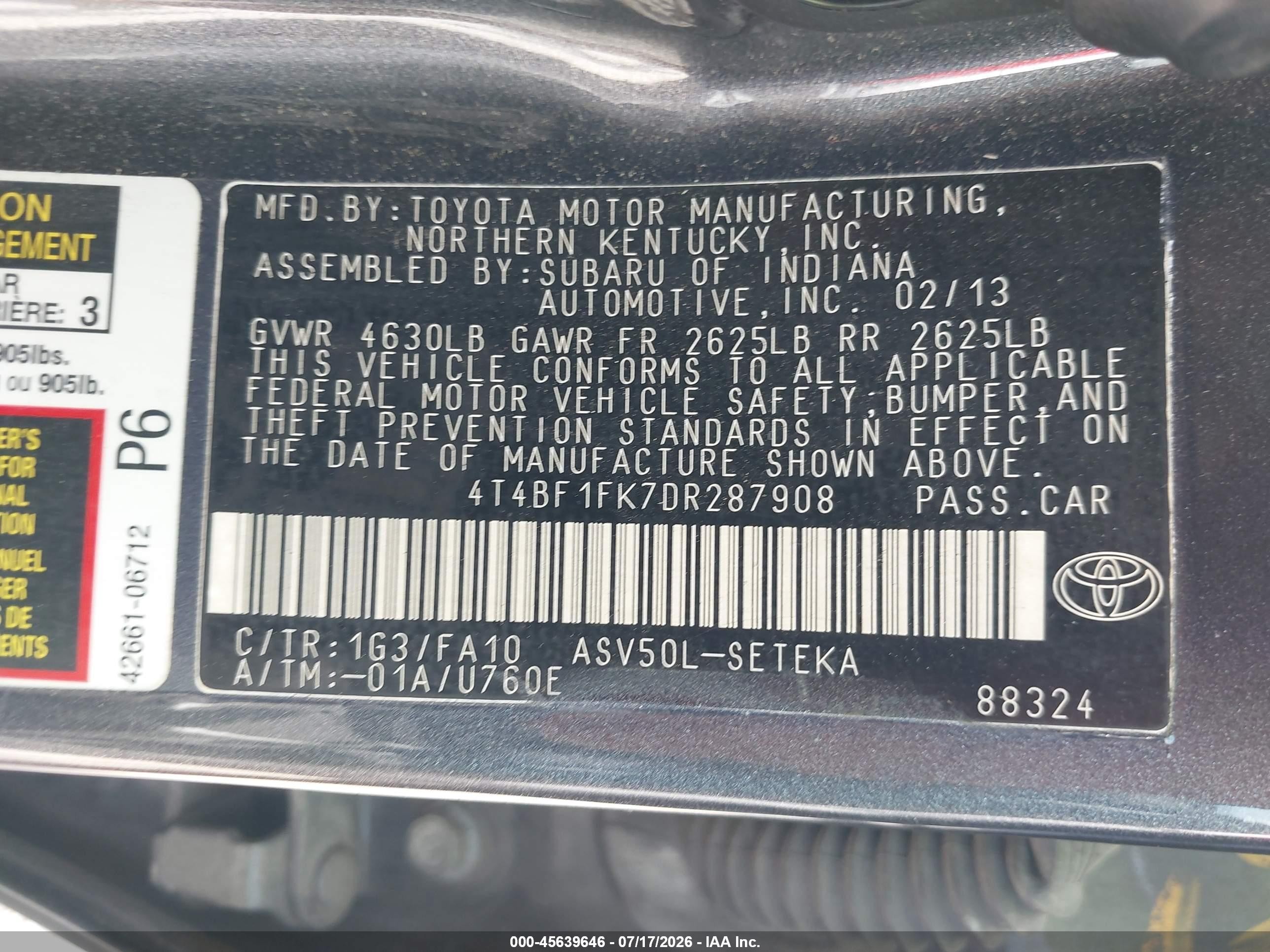 2013 Toyota Camry L Gray vin: 4T4BF1FK7DR287908