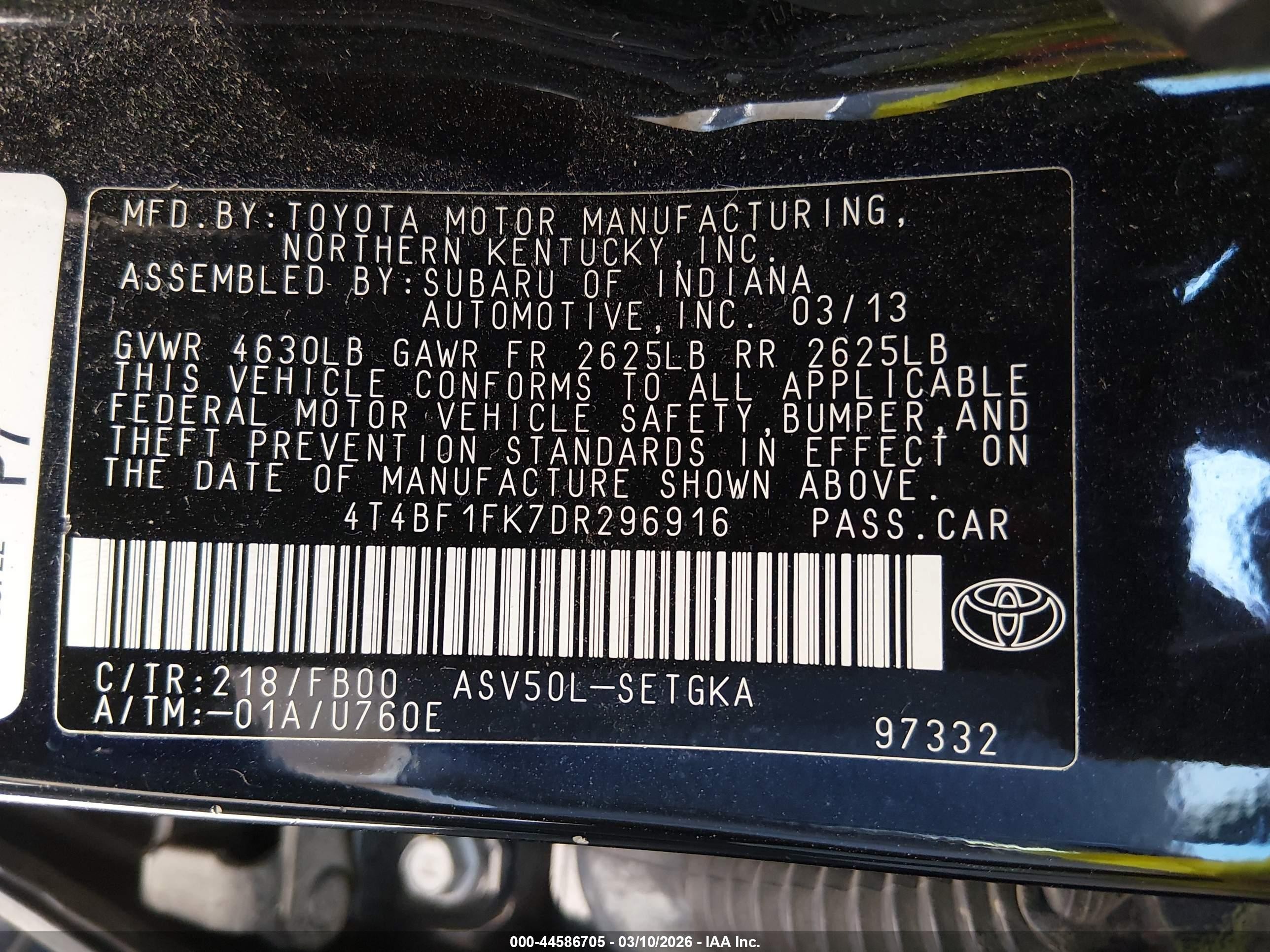 2013 Toyota Camry Xle Black vin: 4T4BF1FK7DR296916