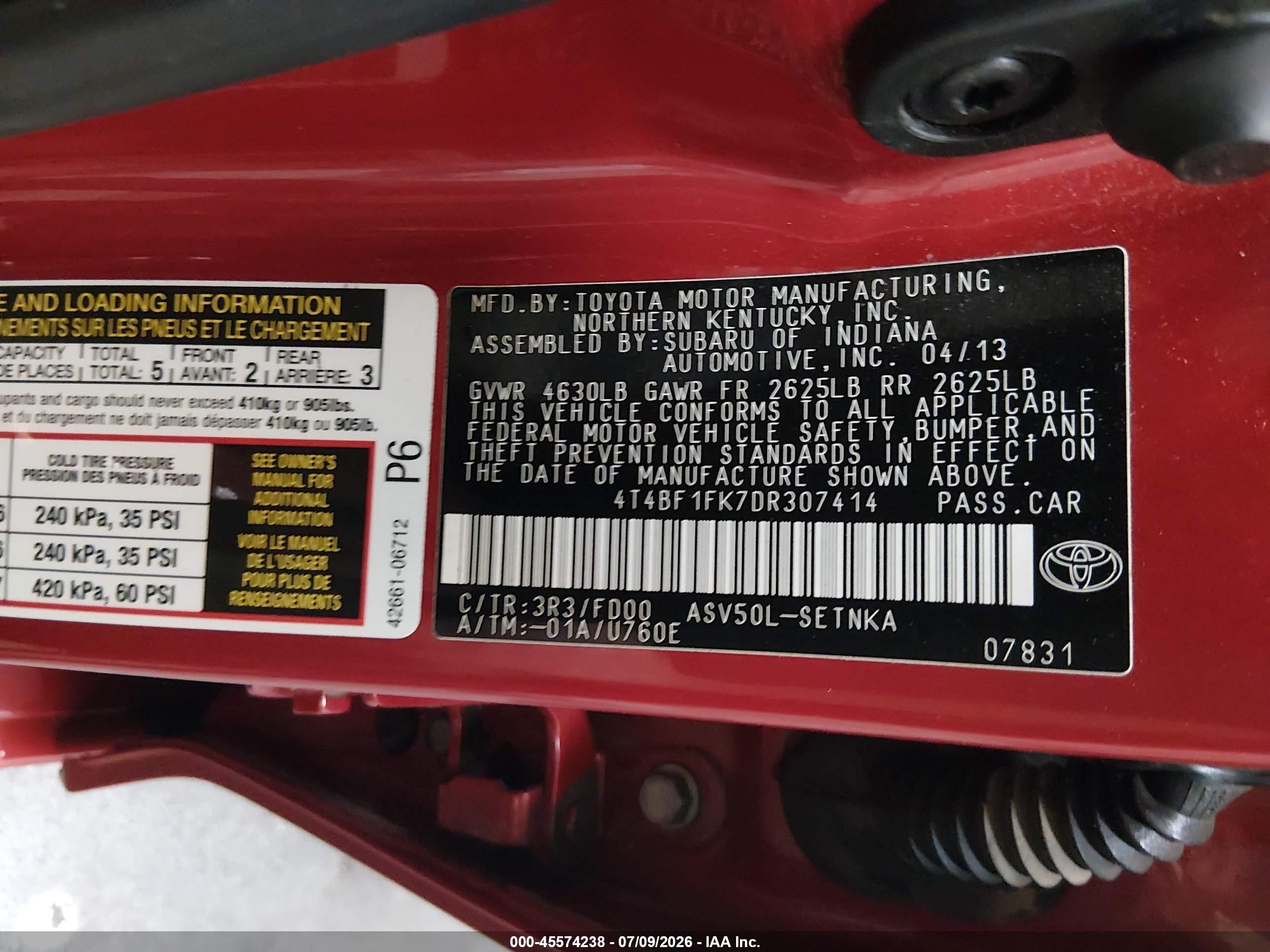 2013 Toyota Camry Le Red vin: 4T4BF1FK7DR307414