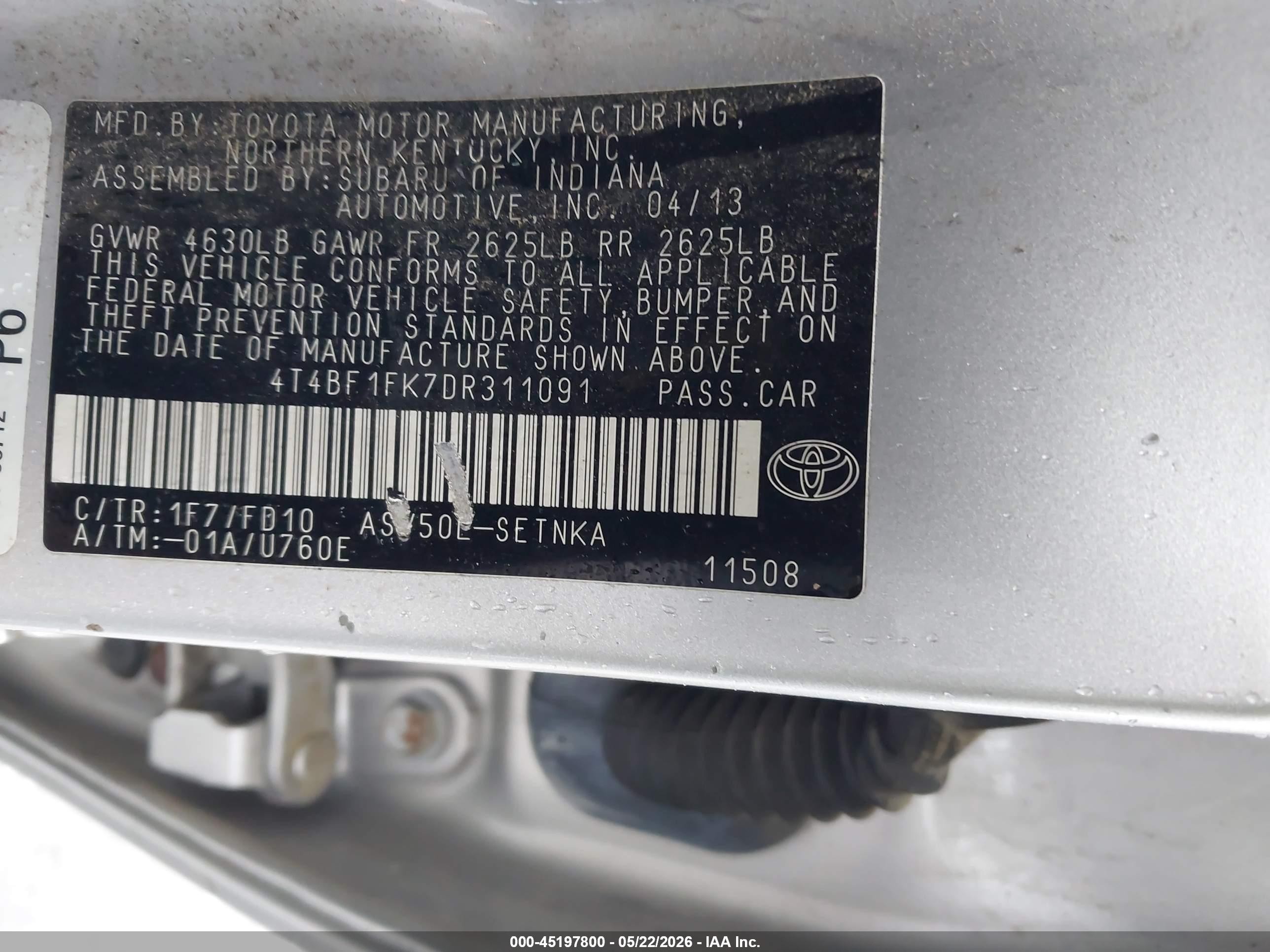 2013 Toyota Camry Le Silver vin: 4T4BF1FK7DR311091