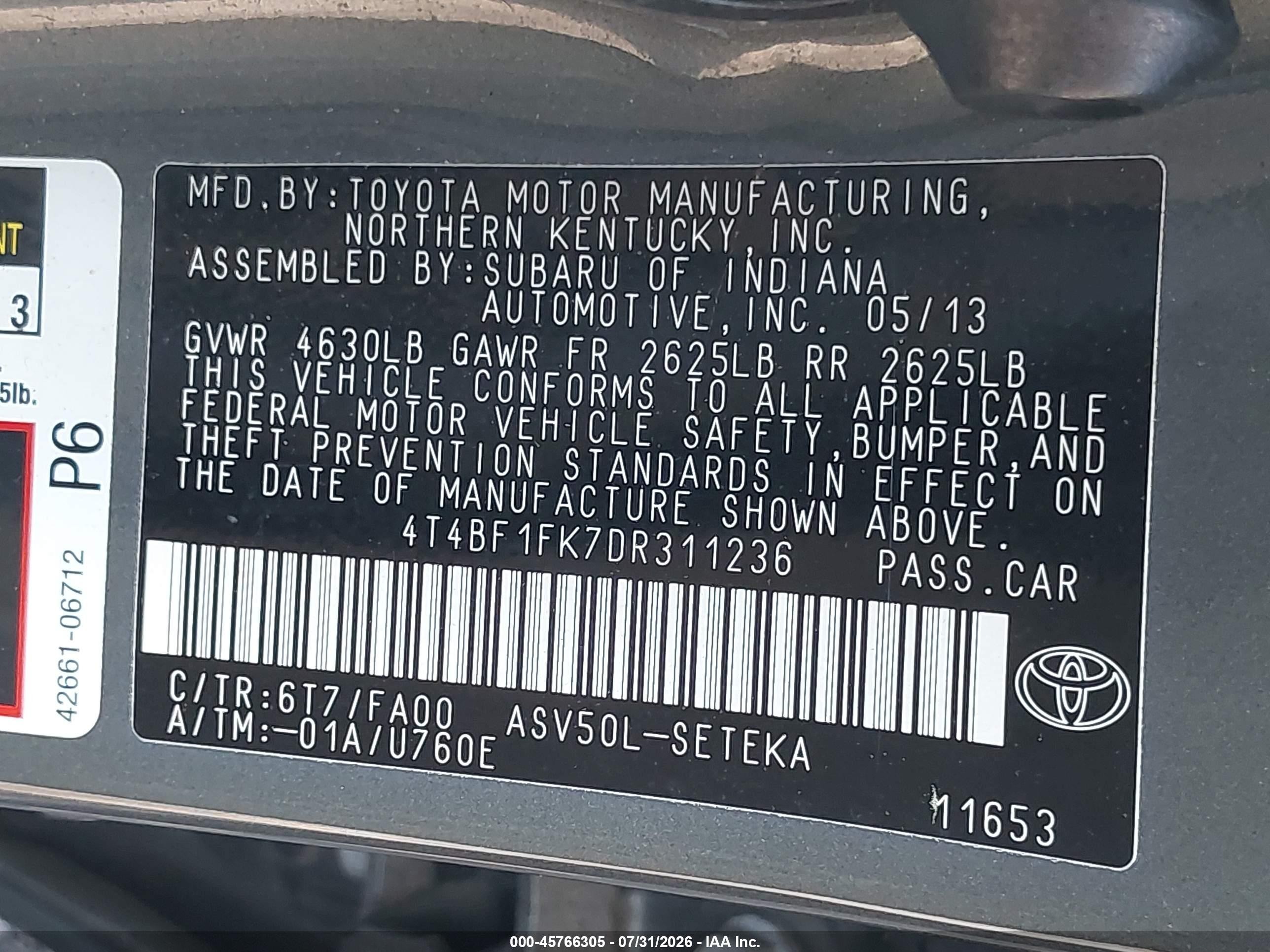 2013 Toyota Camry L Green vin: 4T4BF1FK7DR311236