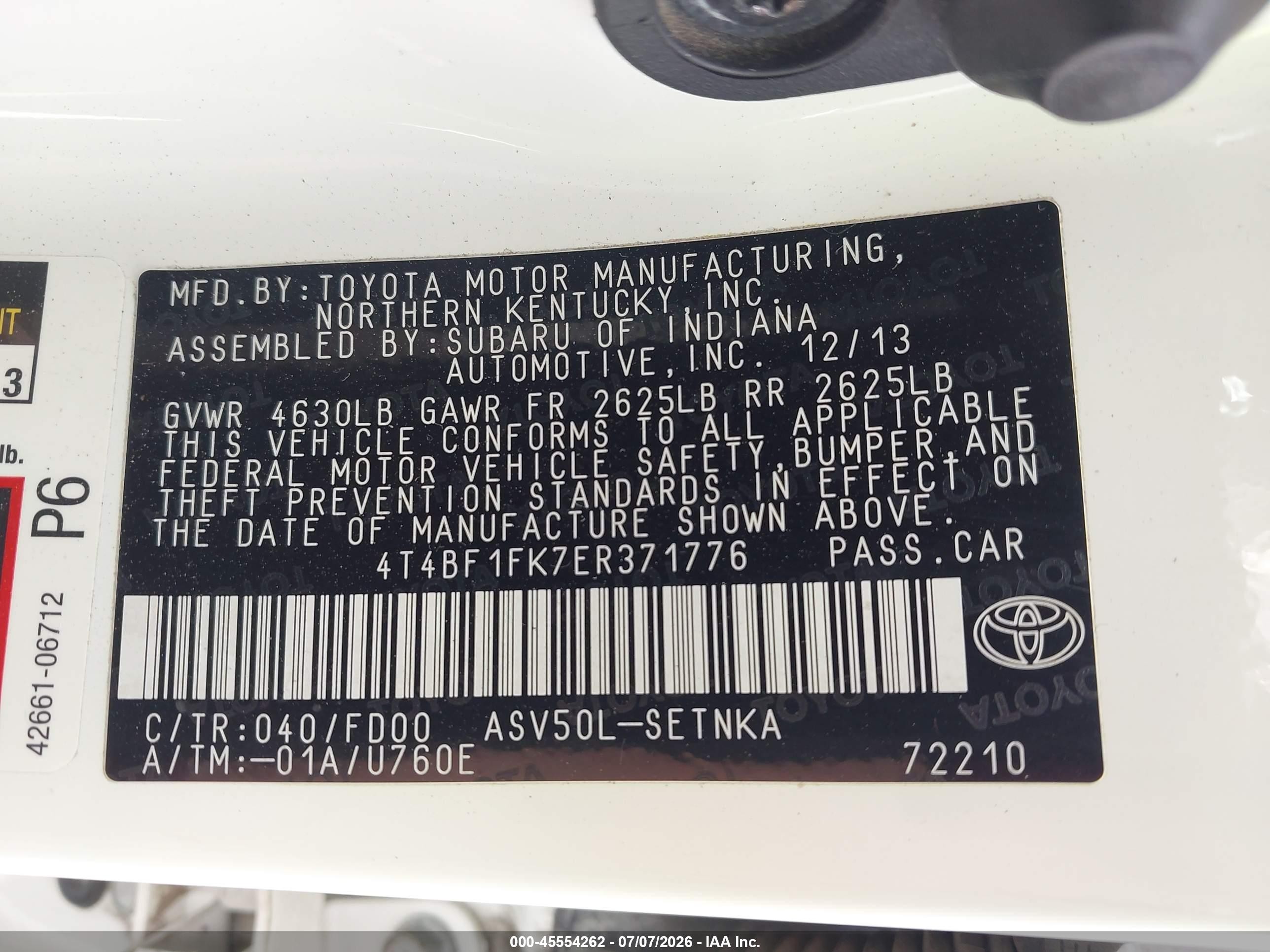 2014 Toyota Camry Le White vin: 4T4BF1FK7ER371776