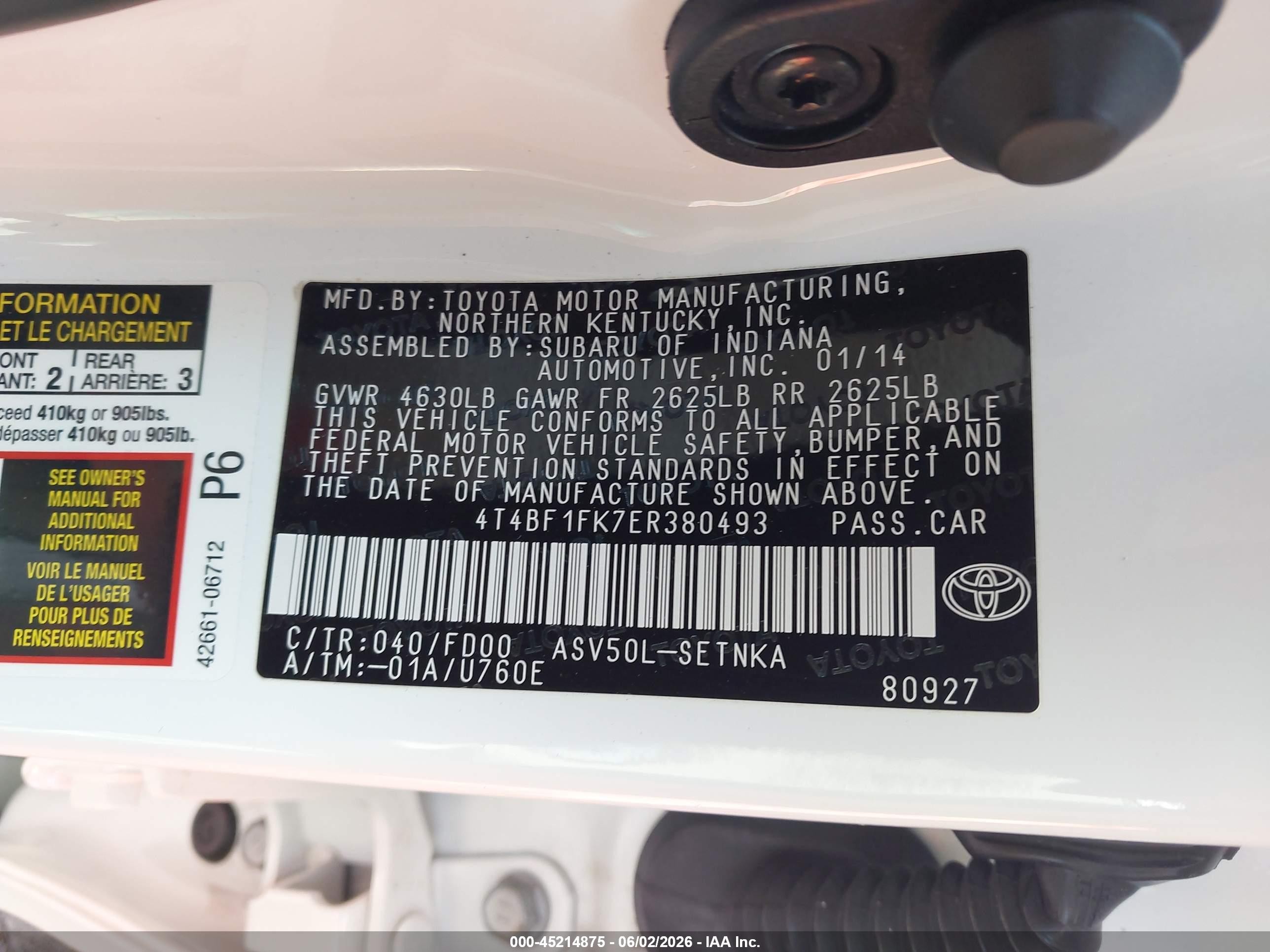 2014 Toyota Camry Le White vin: 4T4BF1FK7ER380493