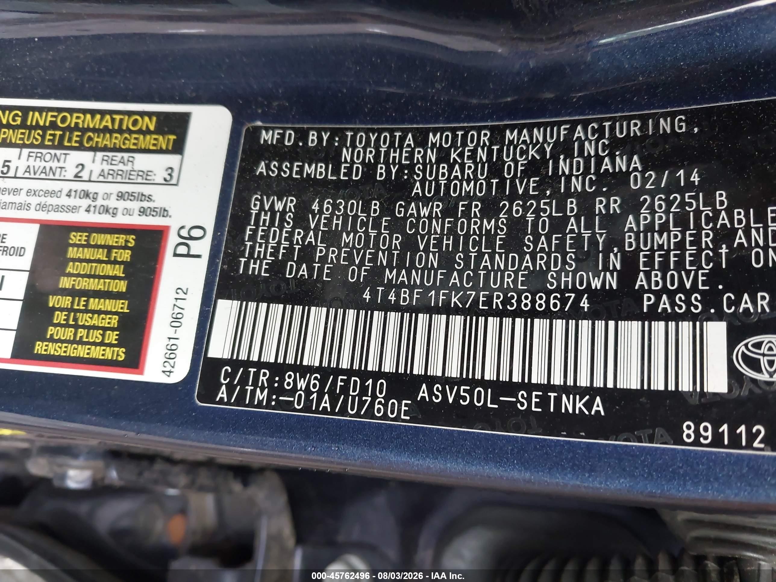 2014 Toyota Camry Le Blue vin: 4T4BF1FK7ER388674