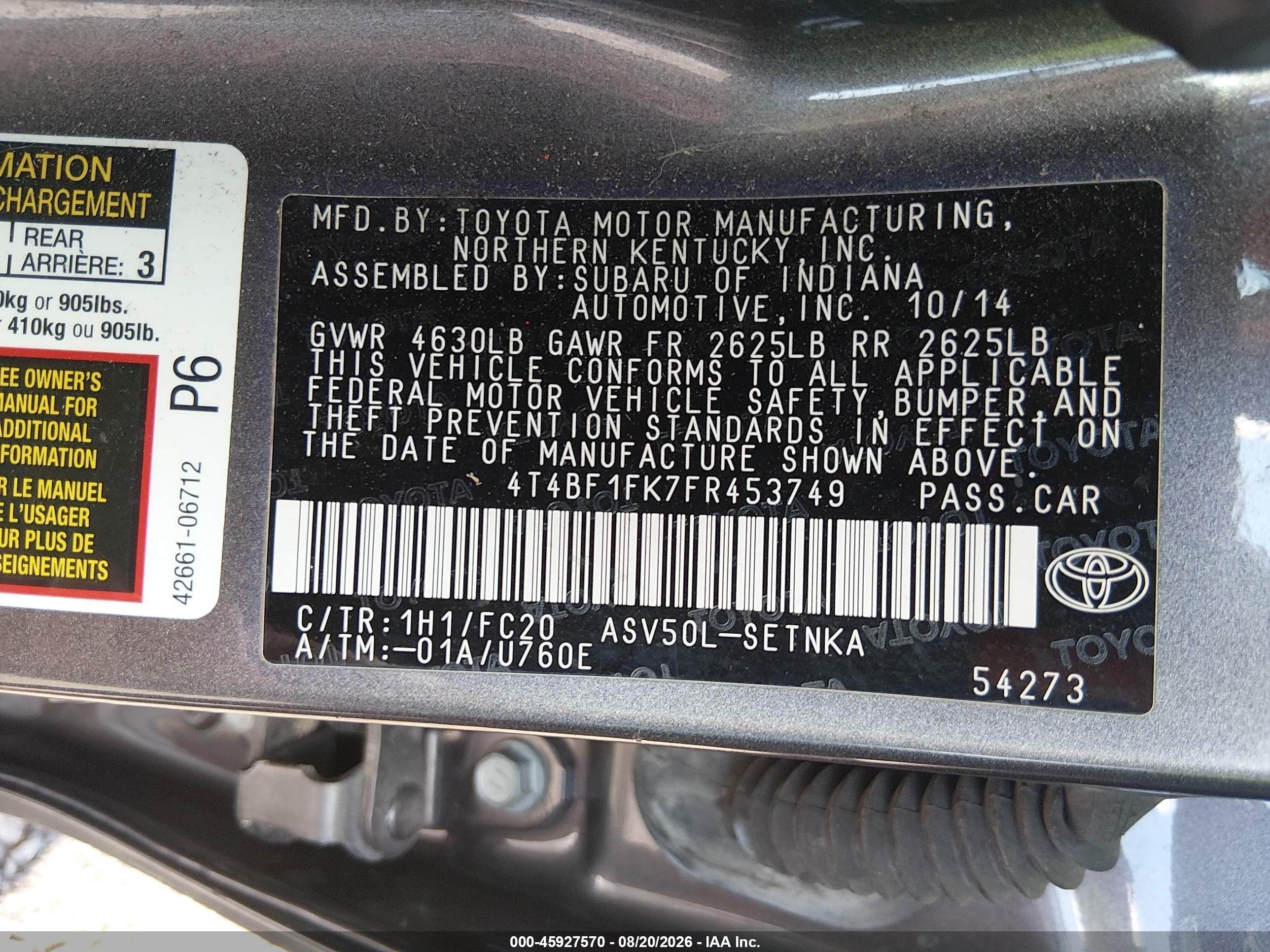 2015 Toyota Camry Le Серый vin: 4T4BF1FK7FR453749