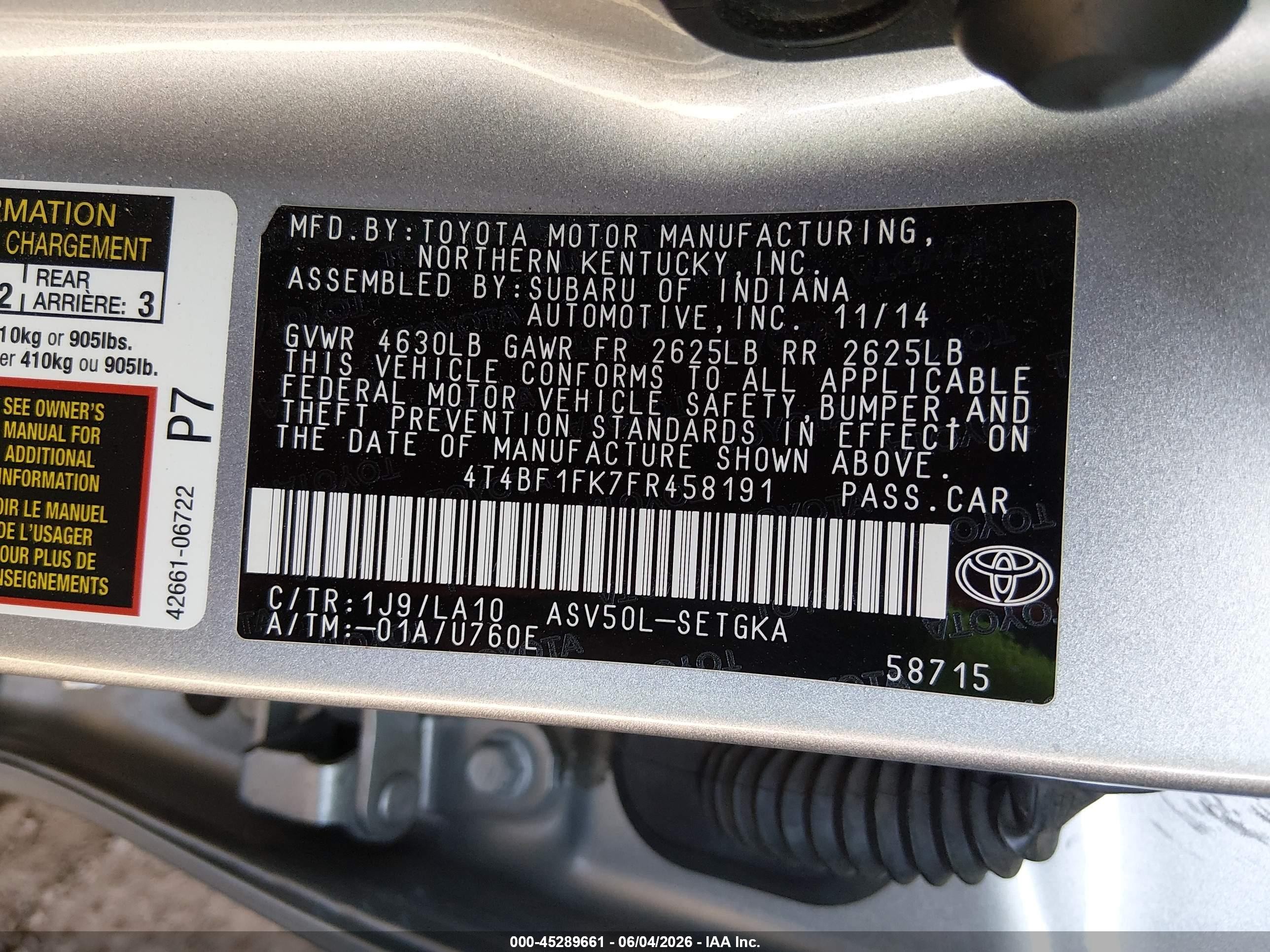 2015 Toyota Camry Xle Серебряный vin: 4T4BF1FK7FR458191
