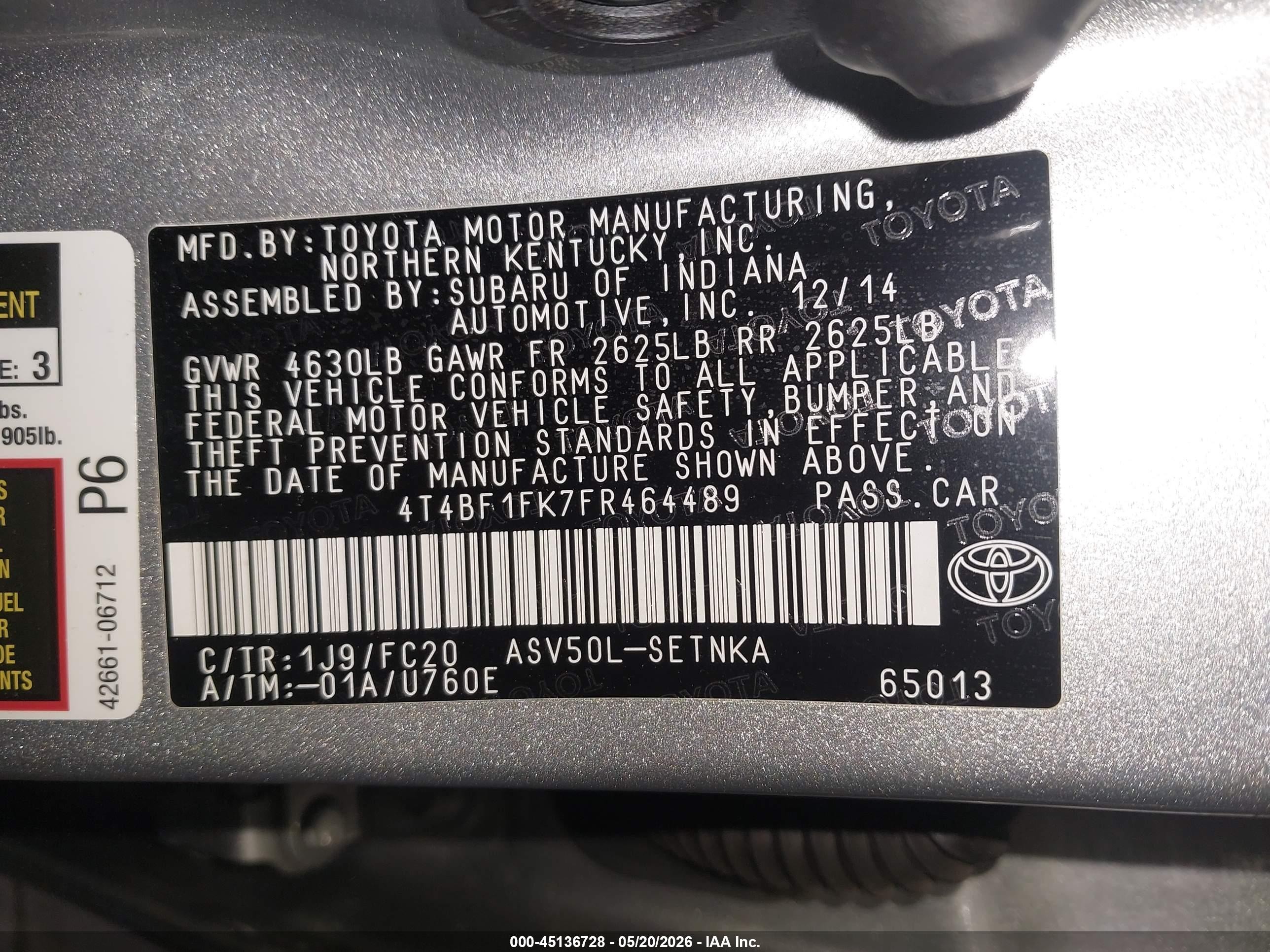 2015 Toyota Camry Le Silver vin: 4T4BF1FK7FR464489