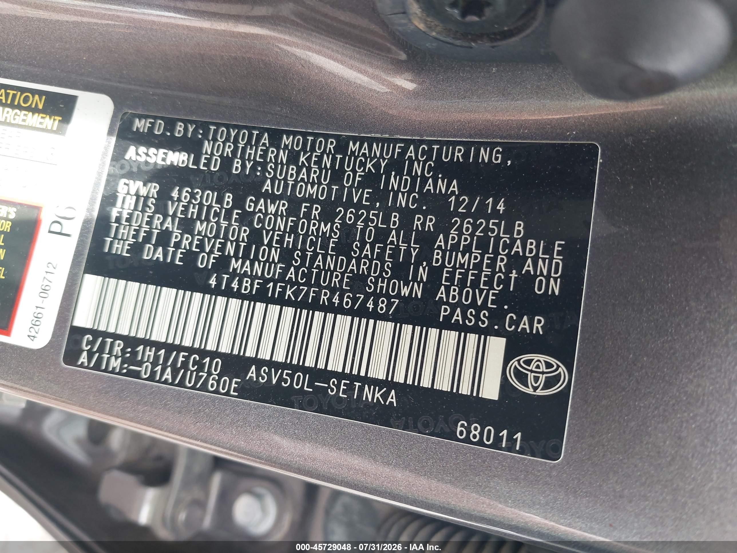 2015 Toyota Camry Le Серый vin: 4T4BF1FK7FR467487