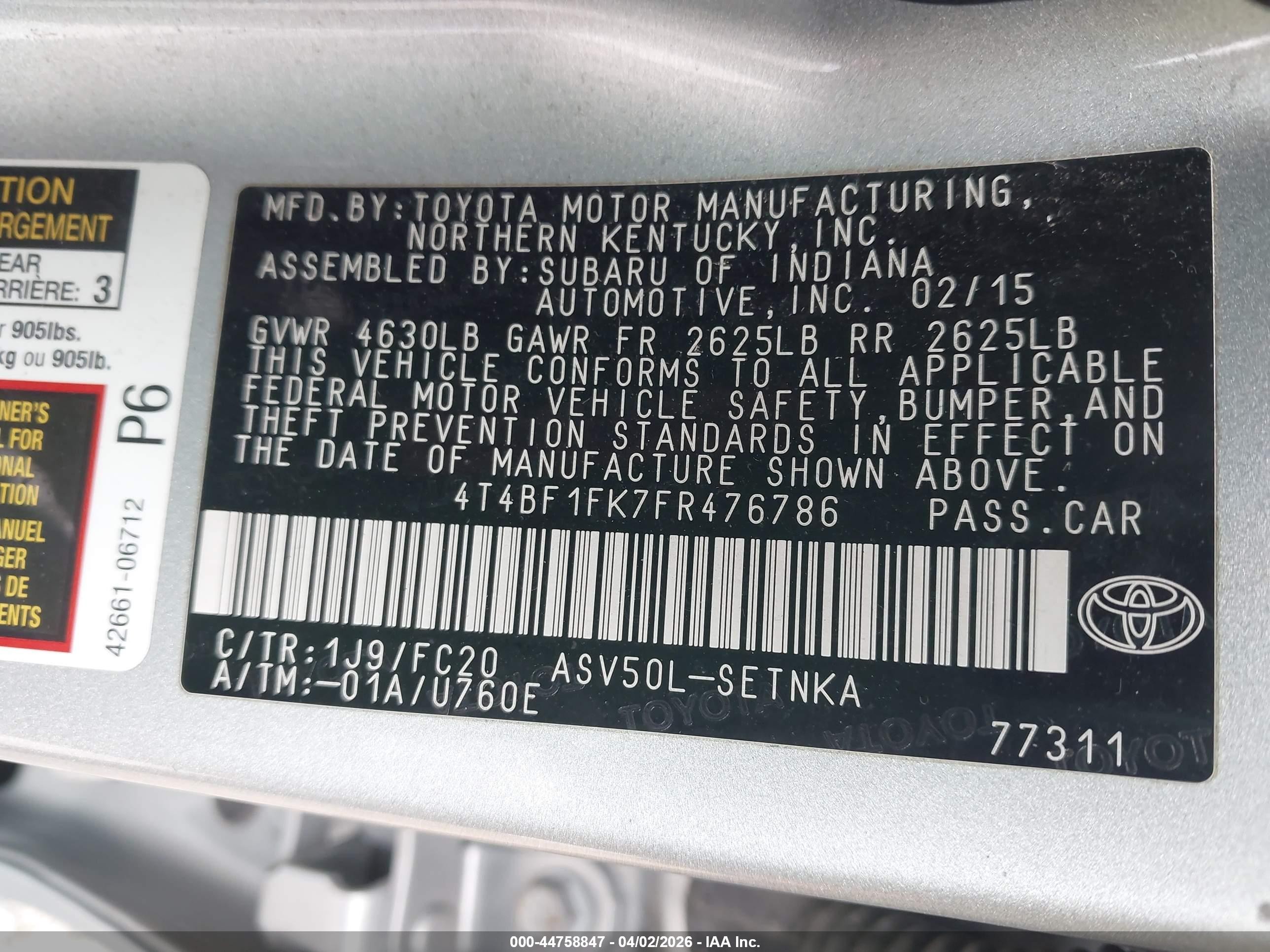 2015 Toyota Camry Le Silver vin: 4T4BF1FK7FR476786