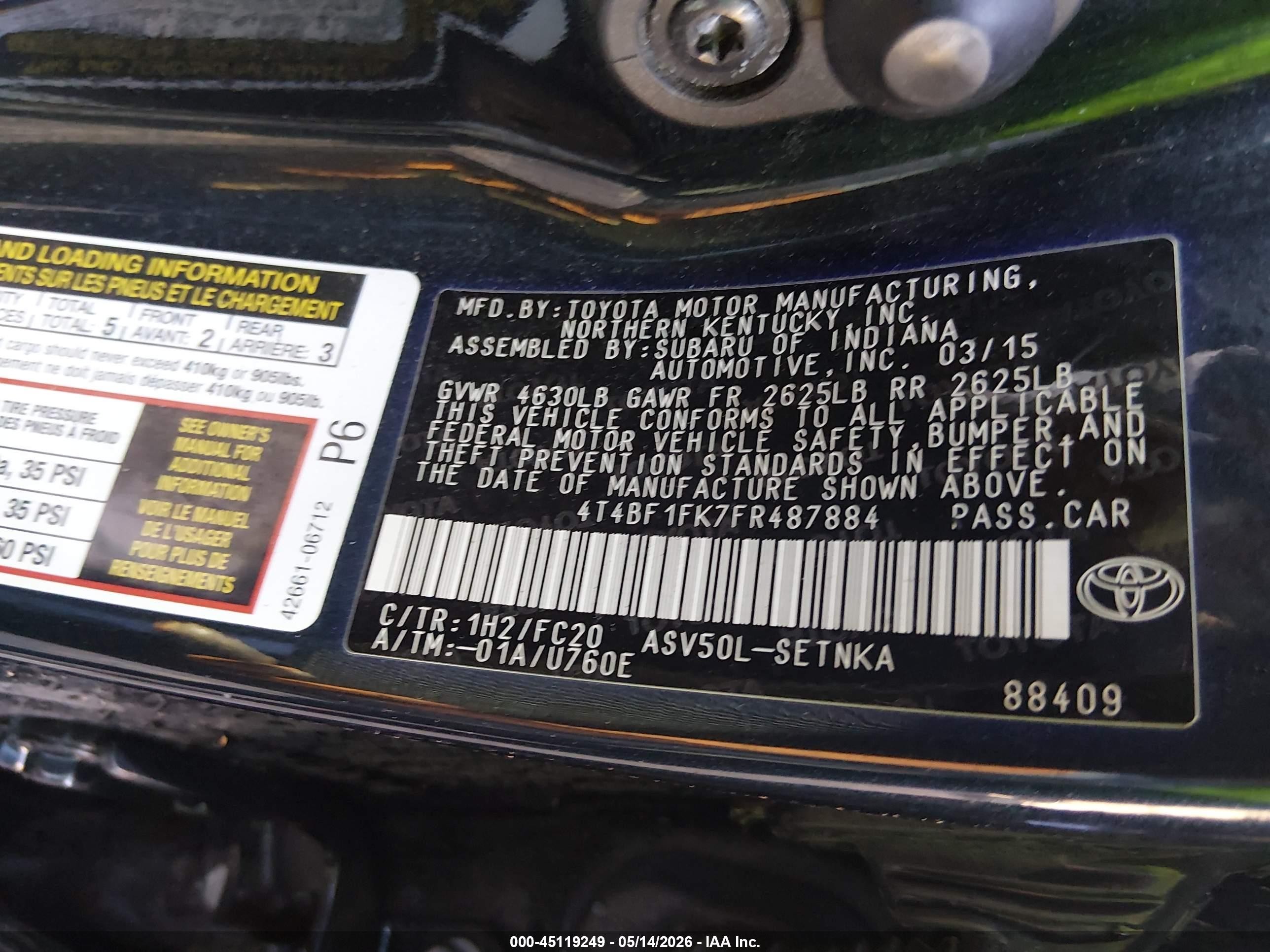 2015 Toyota Camry Le Черный vin: 4T4BF1FK7FR487884