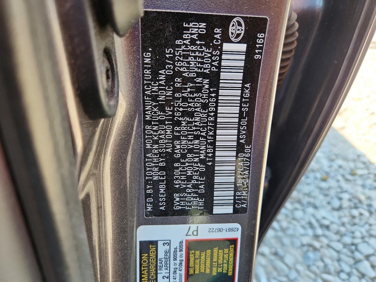 2015 Toyota Camry Xle Gray vin: 4T4BF1FK7FR490641