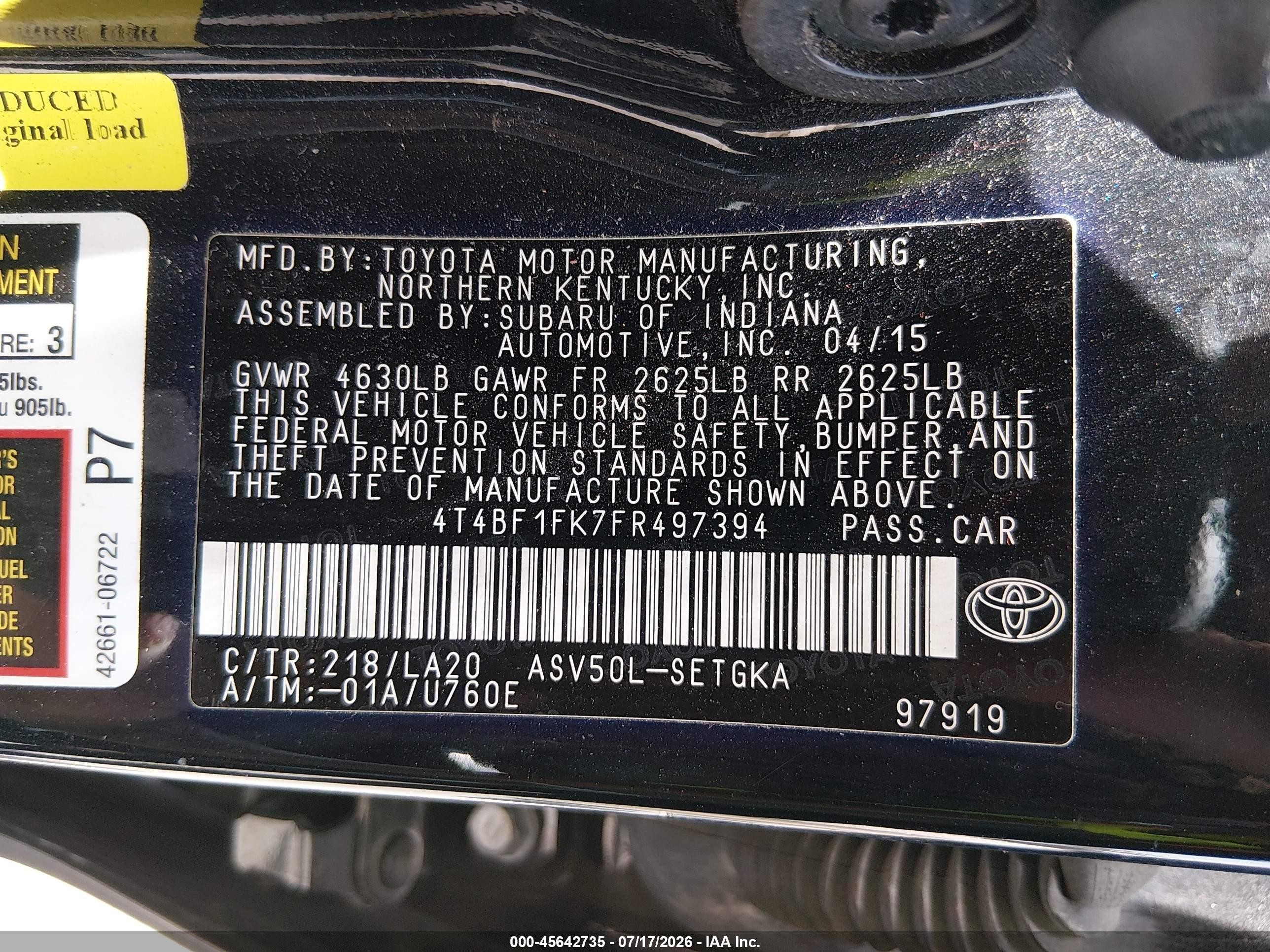 2015 Toyota Camry Xle Black vin: 4T4BF1FK7FR497394