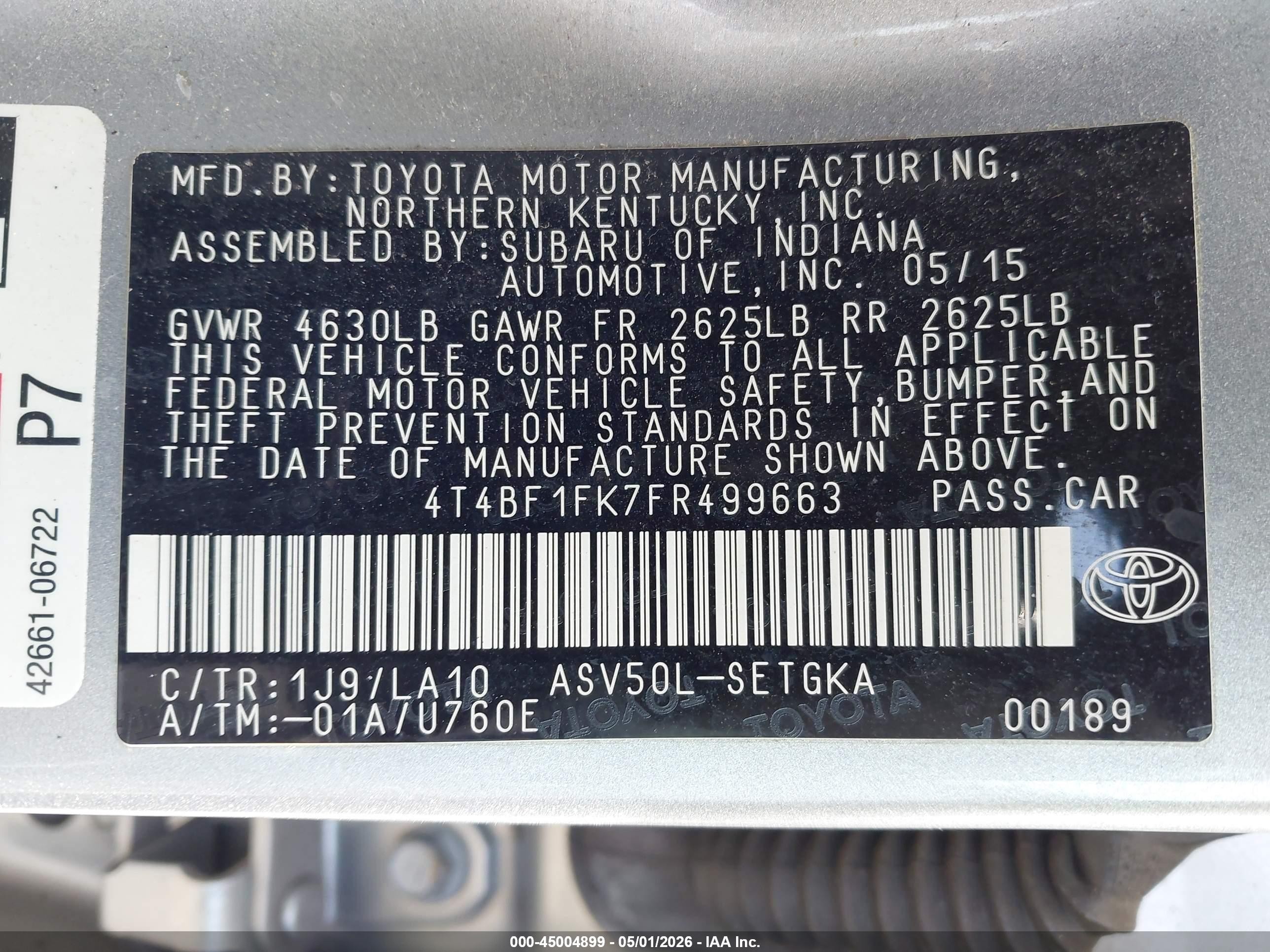 2015 Toyota Camry Le/se/xle/xse Silver vin: 4T4BF1FK7FR499663