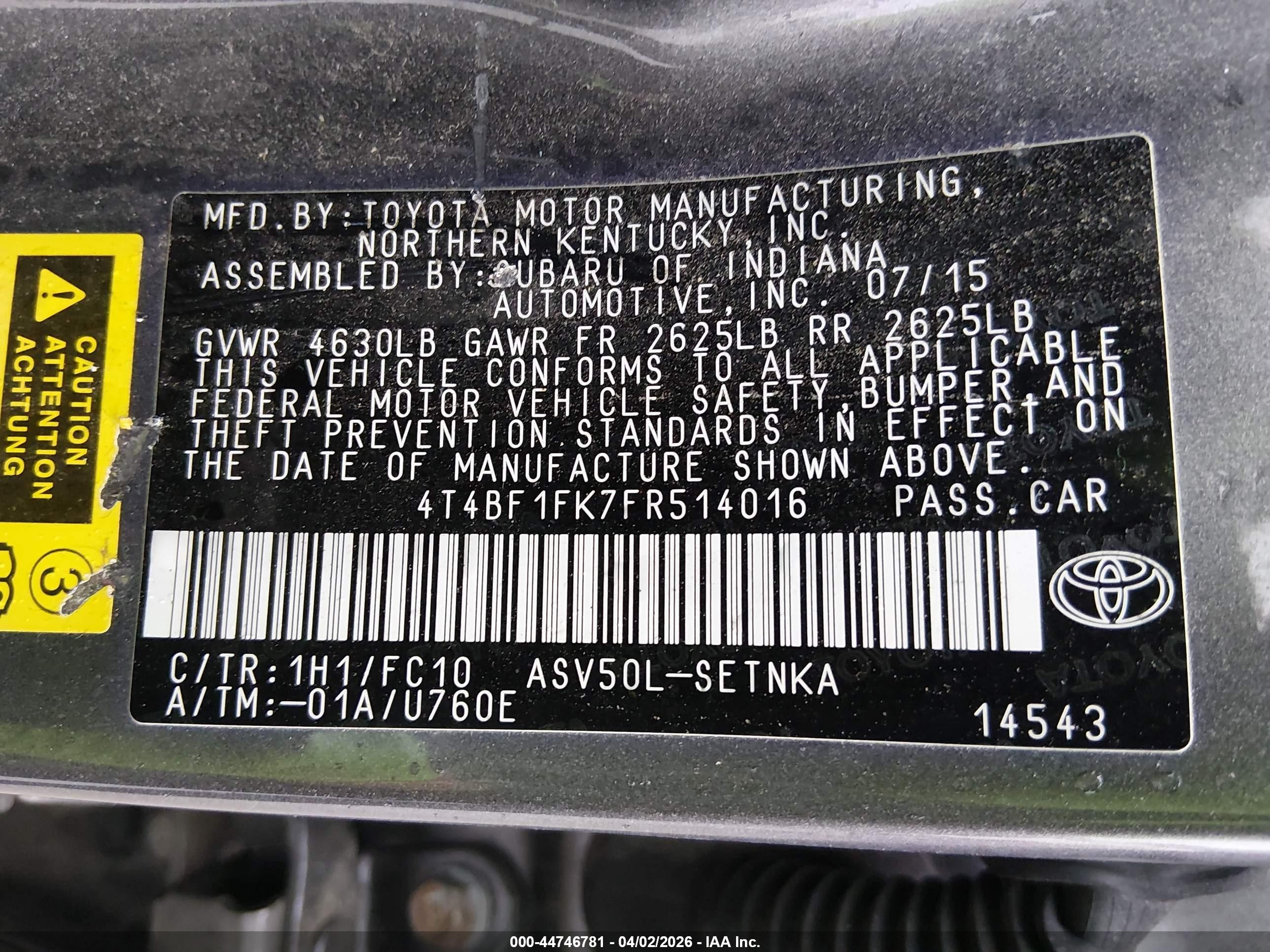 2015 Toyota Camry Le Gray vin: 4T4BF1FK7FR514016