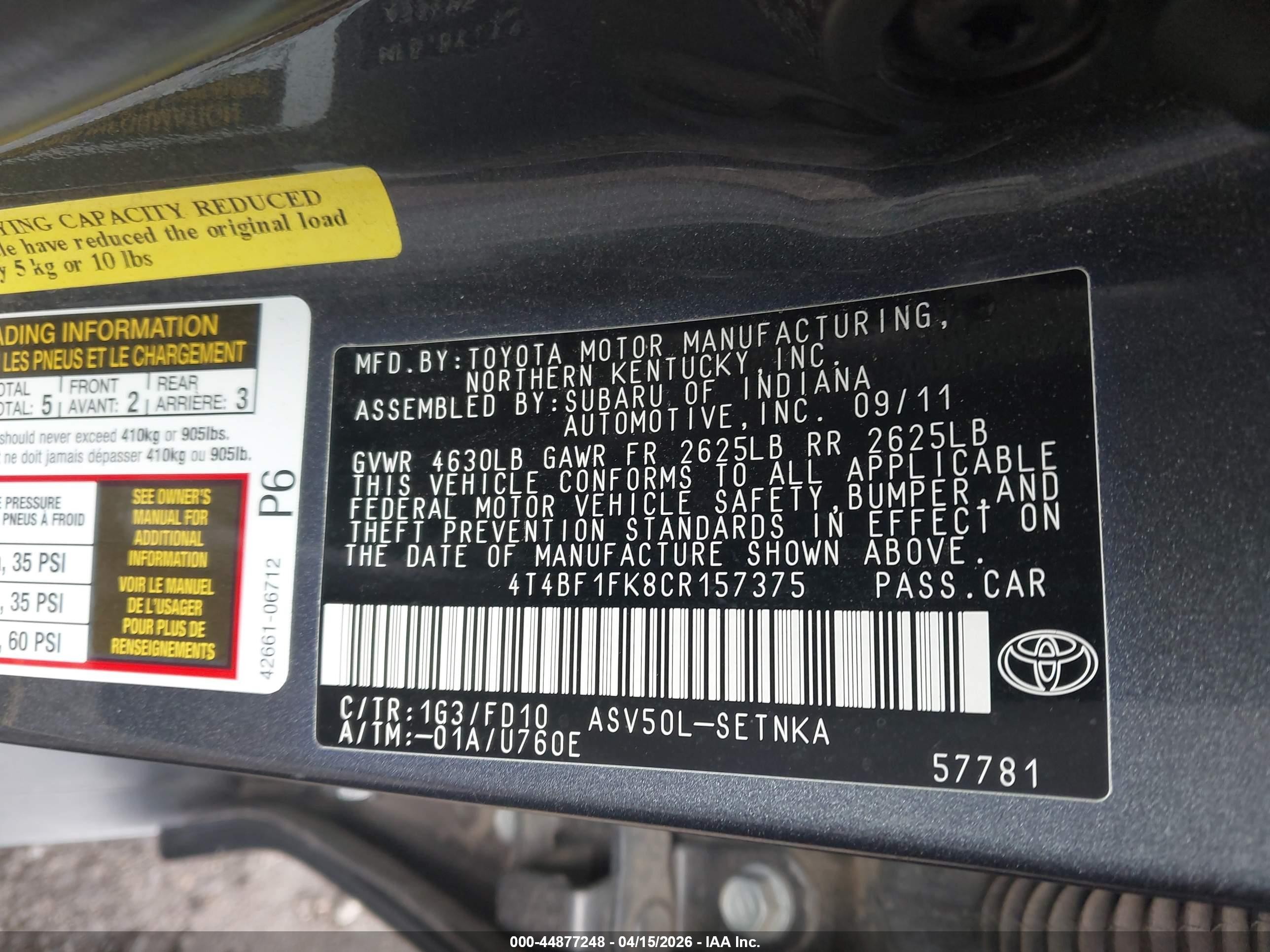 2012 Toyota Camry Le Серый vin: 4T4BF1FK8CR157375