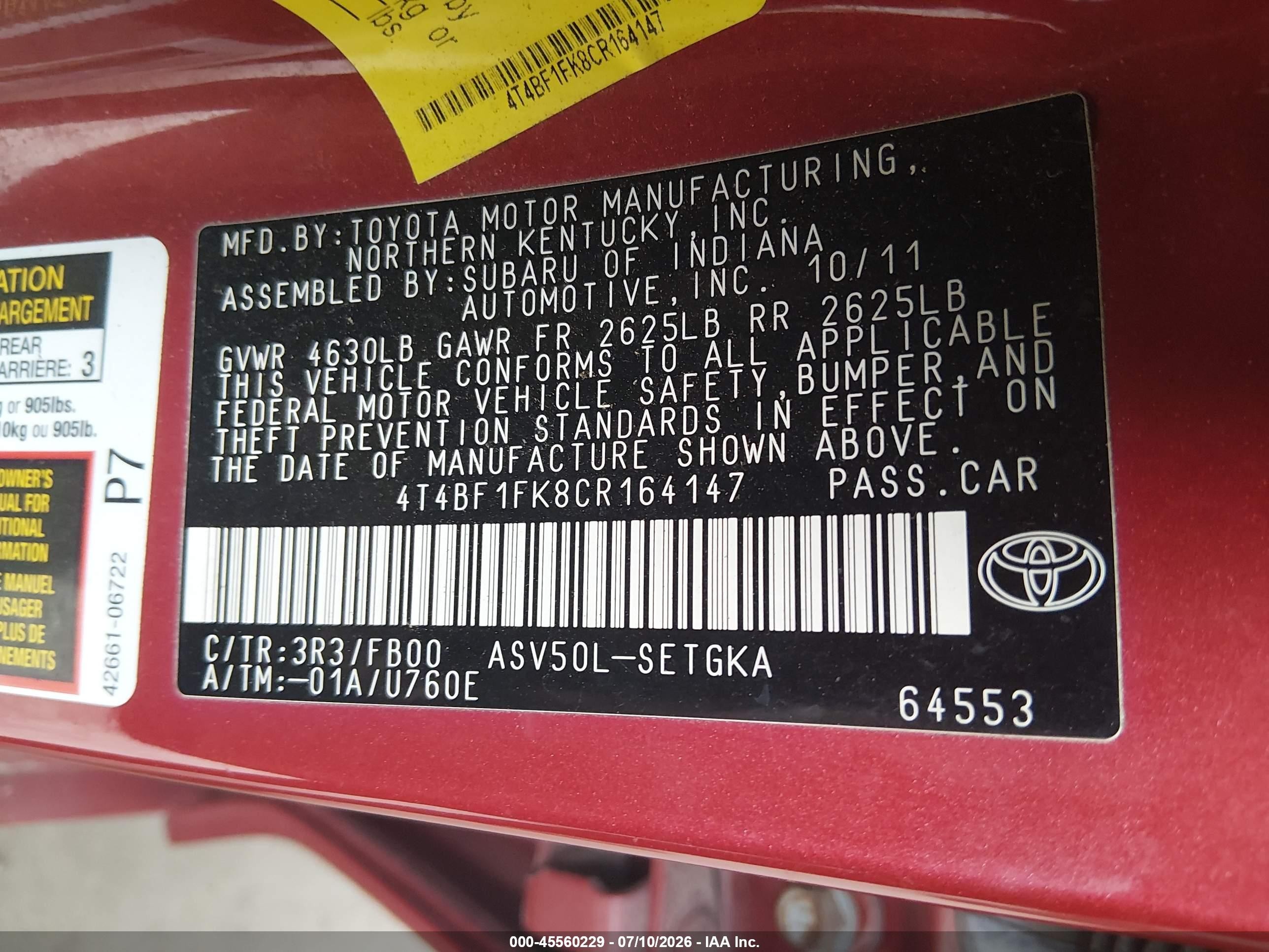 2012 Toyota Camry Xle Red vin: 4T4BF1FK8CR164147
