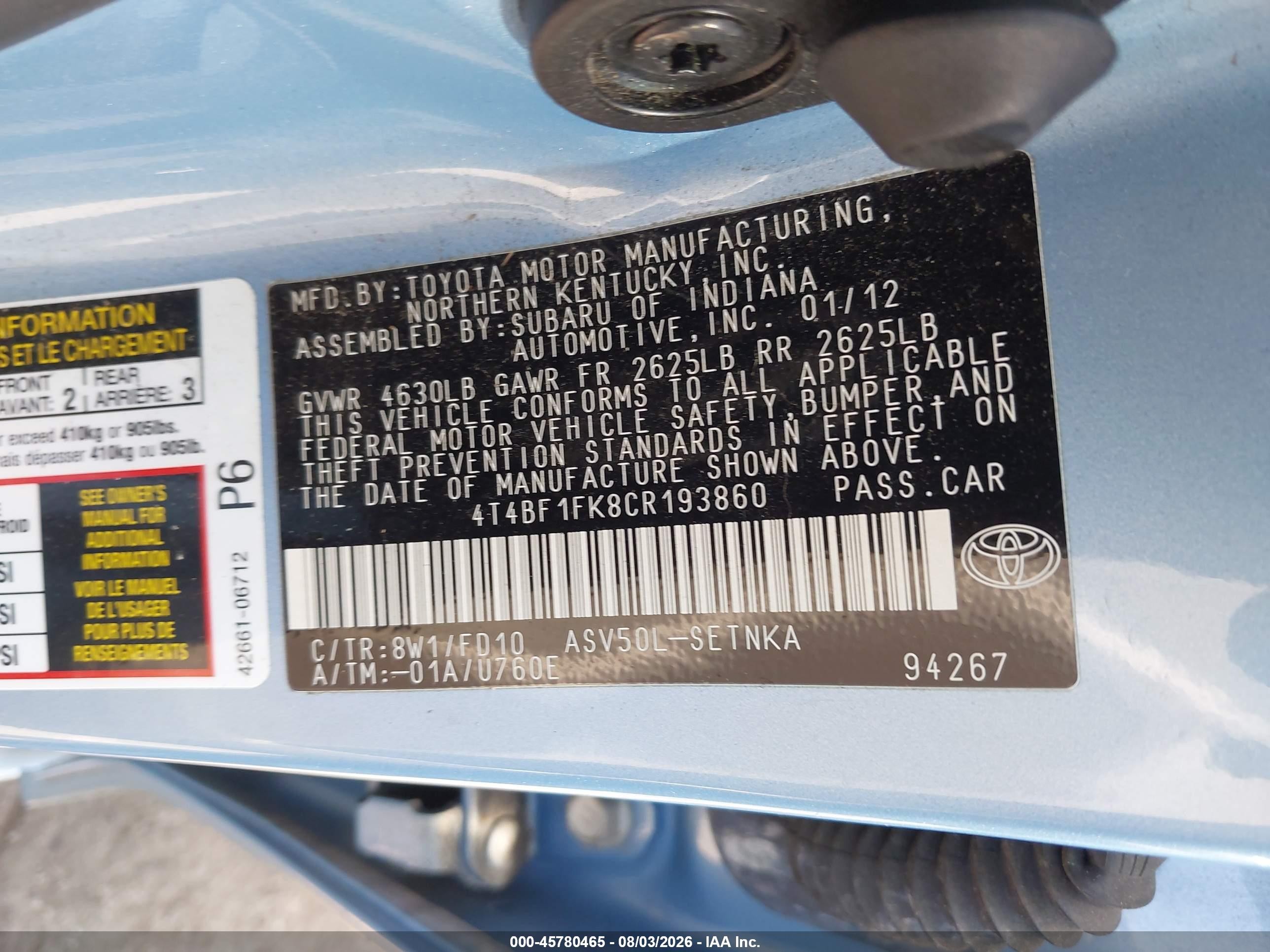 2012 Toyota Camry Le Blue vin: 4T4BF1FK8CR193860