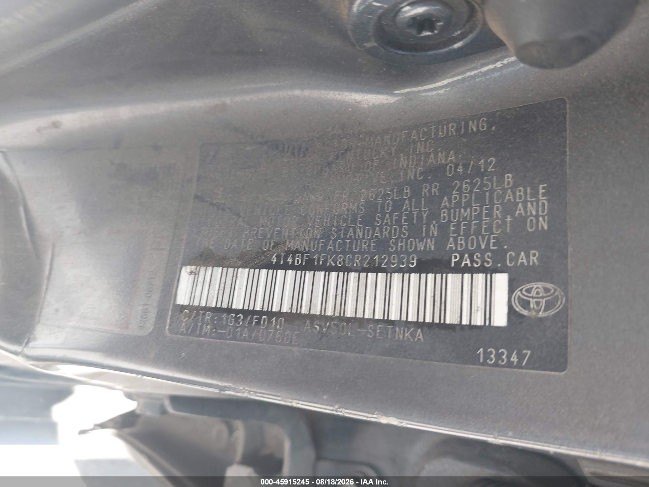 2012 Toyota Camry Le Gray vin: 4T4BF1FK8CR212939