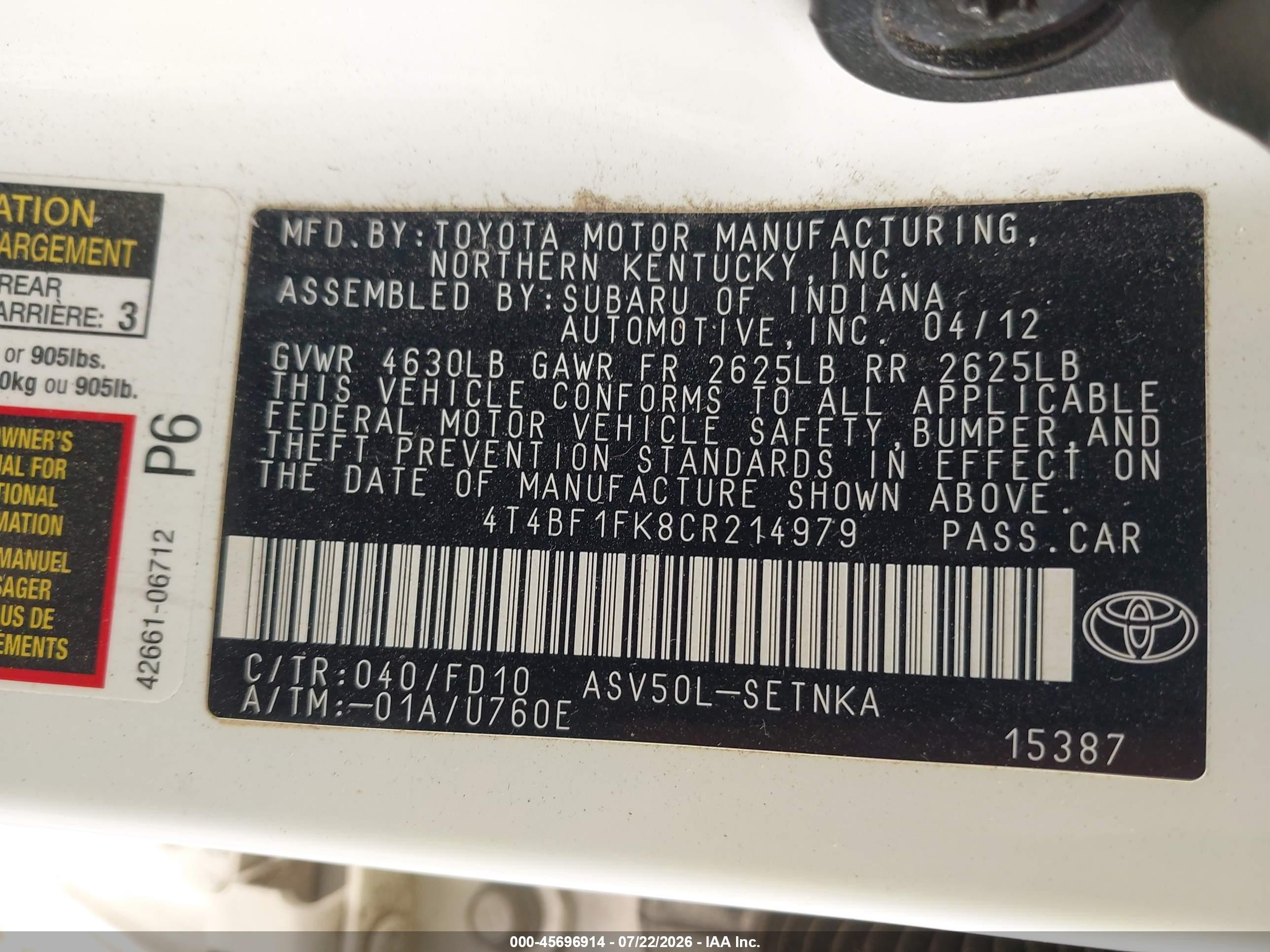 2012 Toyota Camry Le White vin: 4T4BF1FK8CR214979