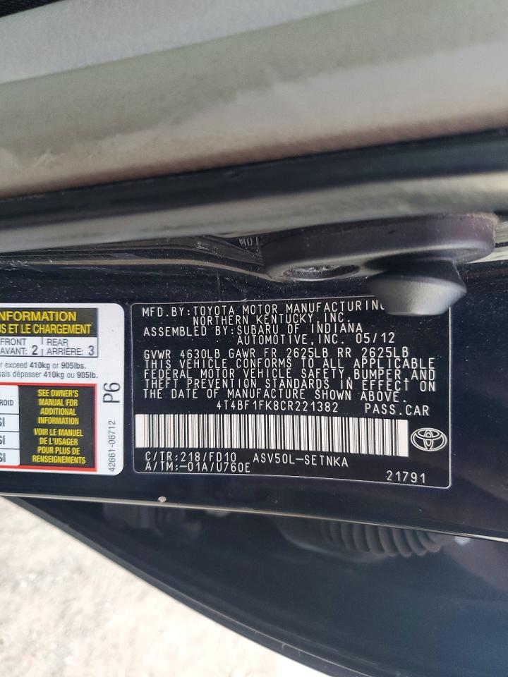 2012 Toyota Camry Le Черный vin: 4T4BF1FK8CR221382