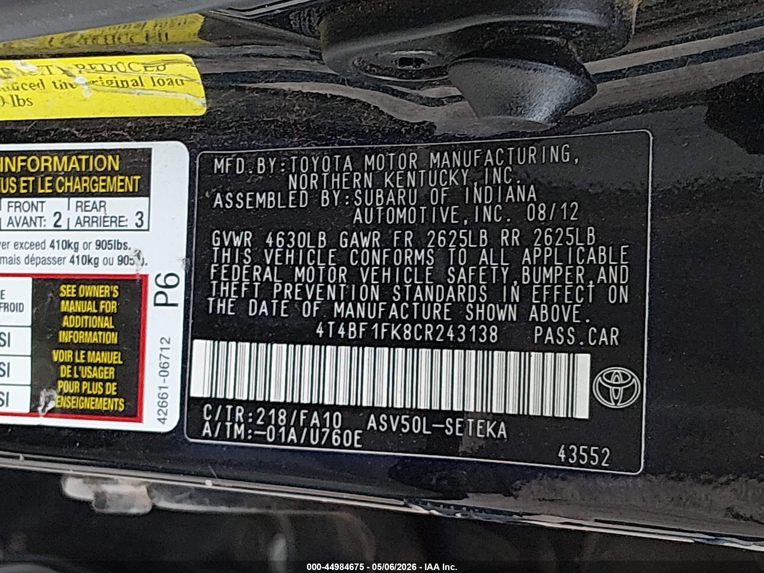 2012 Toyota Camry L Черный vin: 4T4BF1FK8CR243138