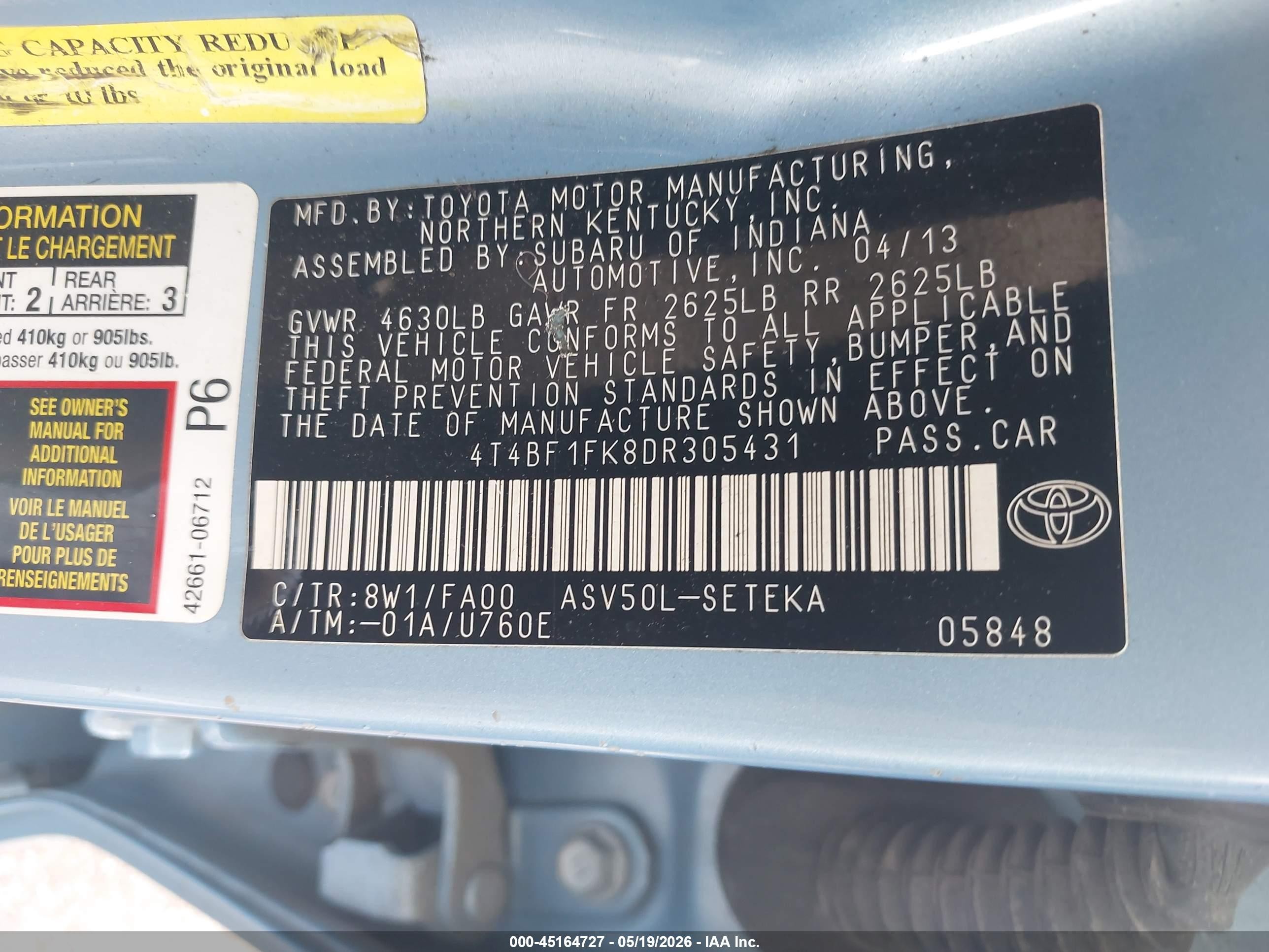 2013 Toyota Camry L Light Blue vin: 4T4BF1FK8DR305431