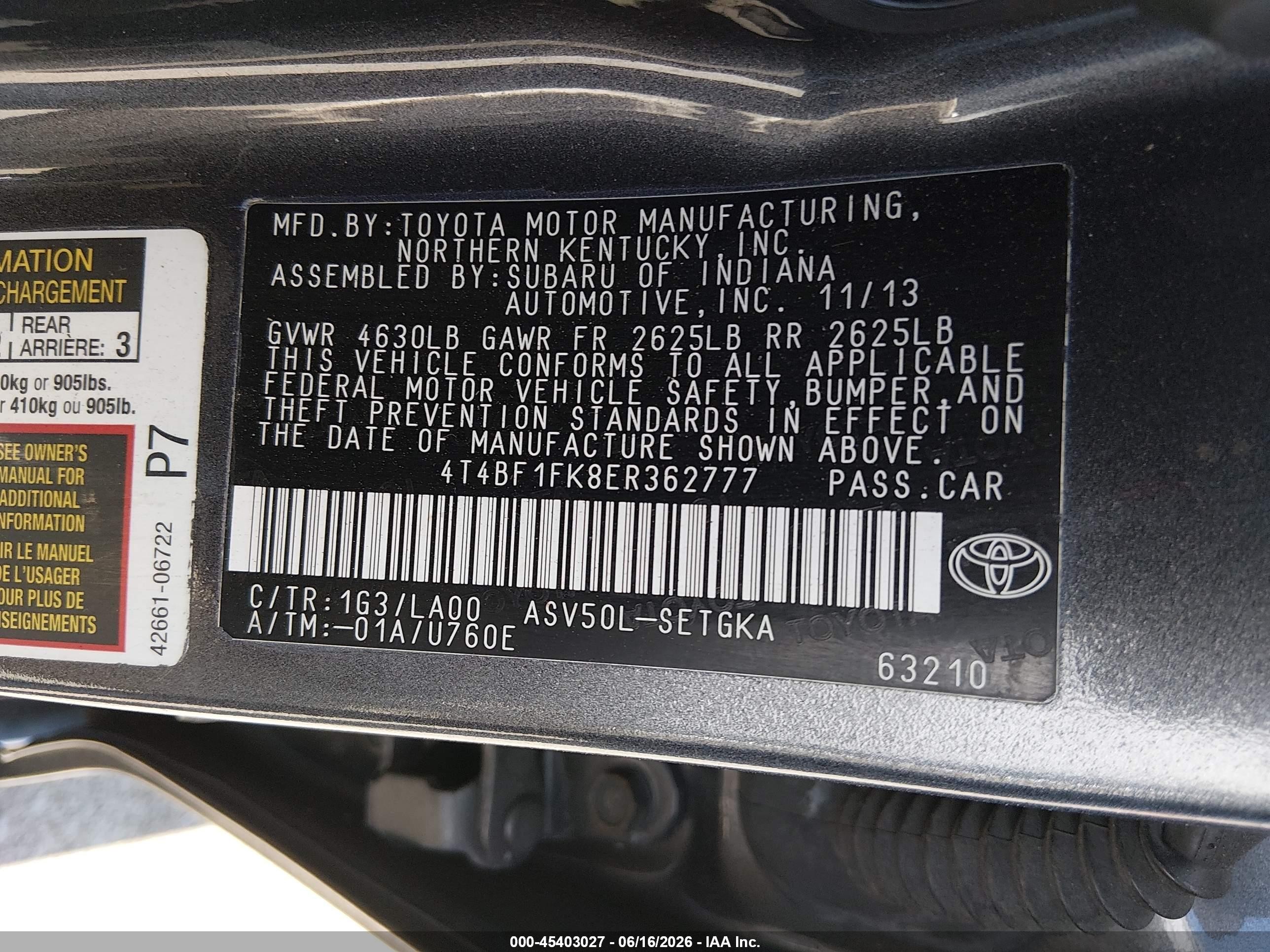2014 Toyota Camry Xle Серый vin: 4T4BF1FK8ER362777