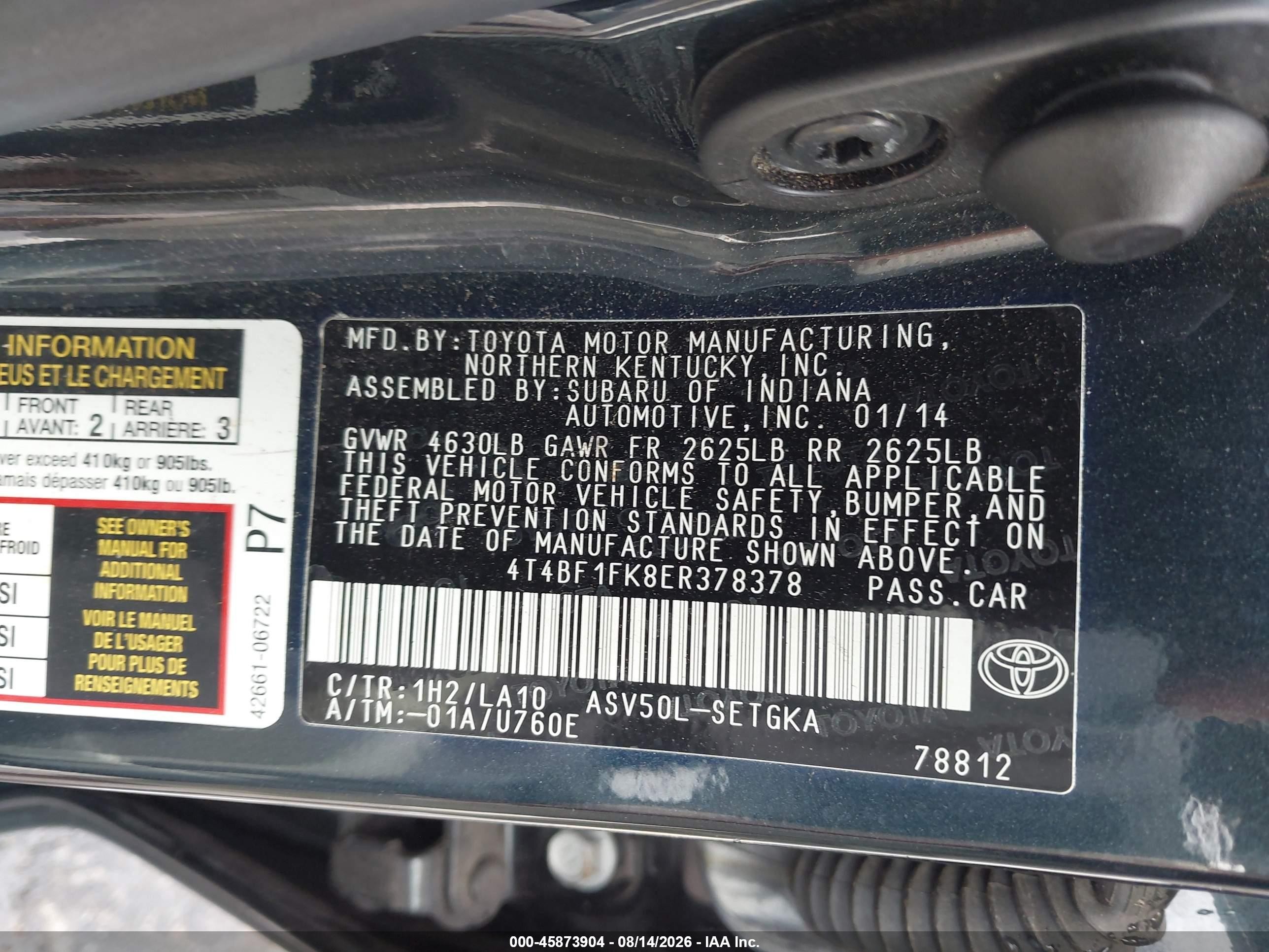 2014 Toyota Camry Xle Blue vin: 4T4BF1FK8ER378378