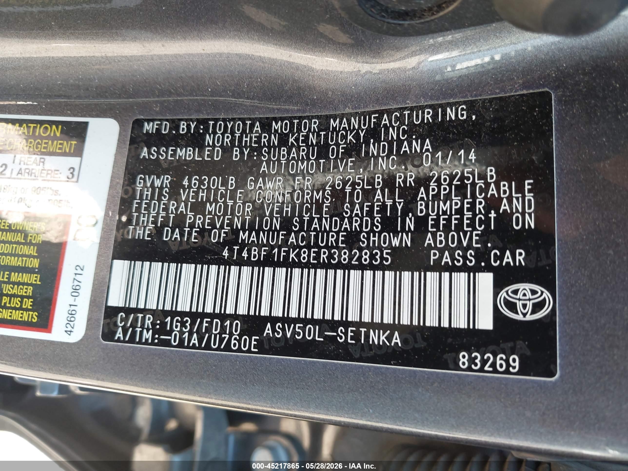 2014 Toyota Camry Le Gray vin: 4T4BF1FK8ER382835