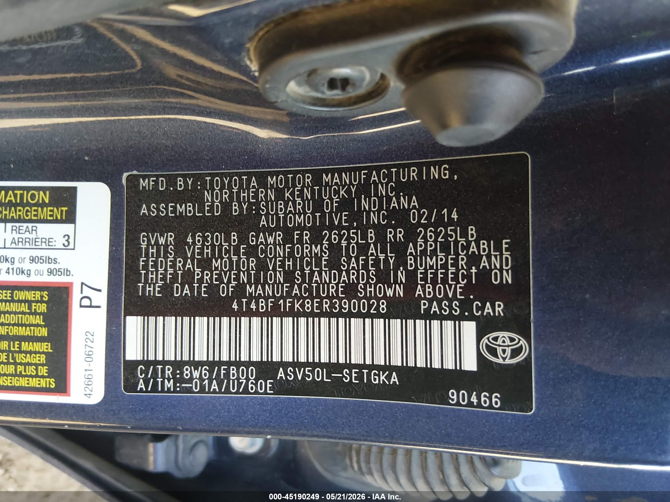 2014 Toyota Camry Xle Blue vin: 4T4BF1FK8ER390028