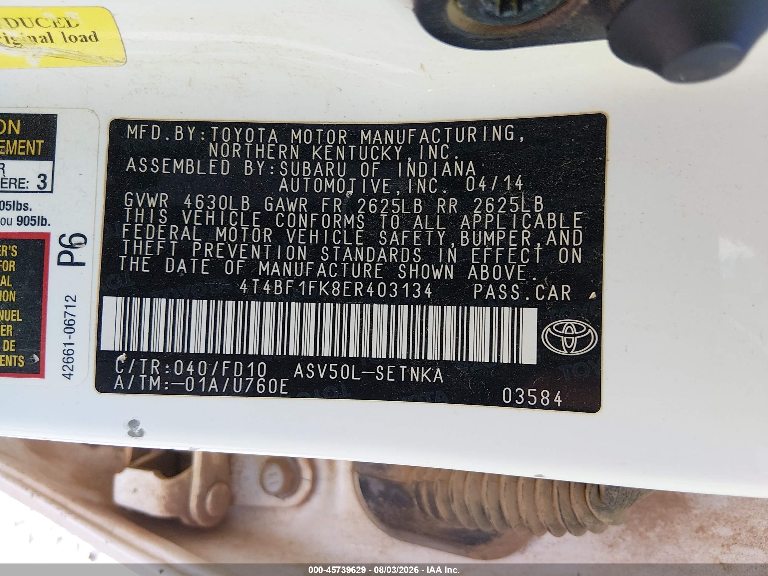 2014 Toyota Camry Le White vin: 4T4BF1FK8ER403134
