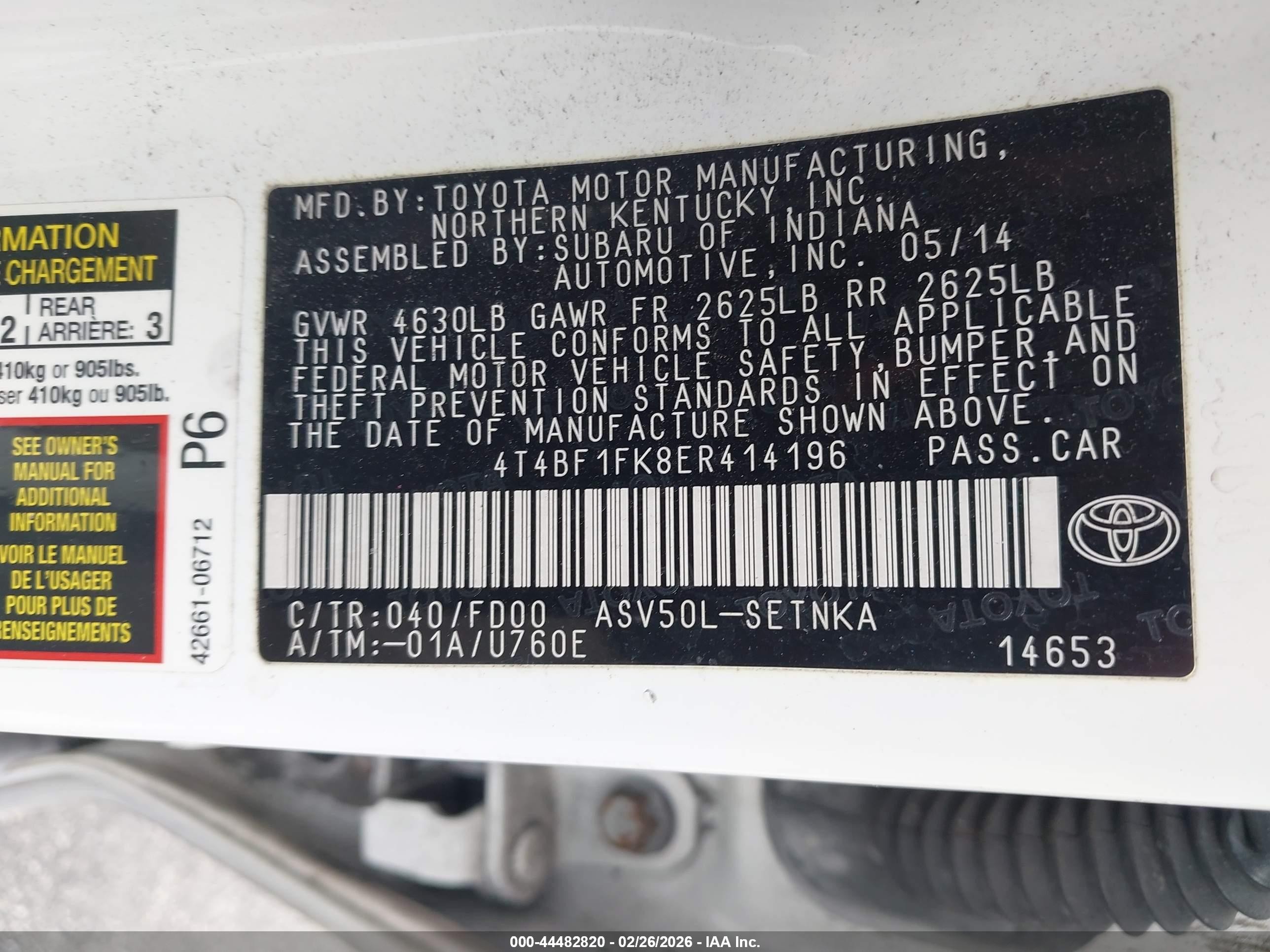 2014 Toyota Camry Le White vin: 4T4BF1FK8ER414196