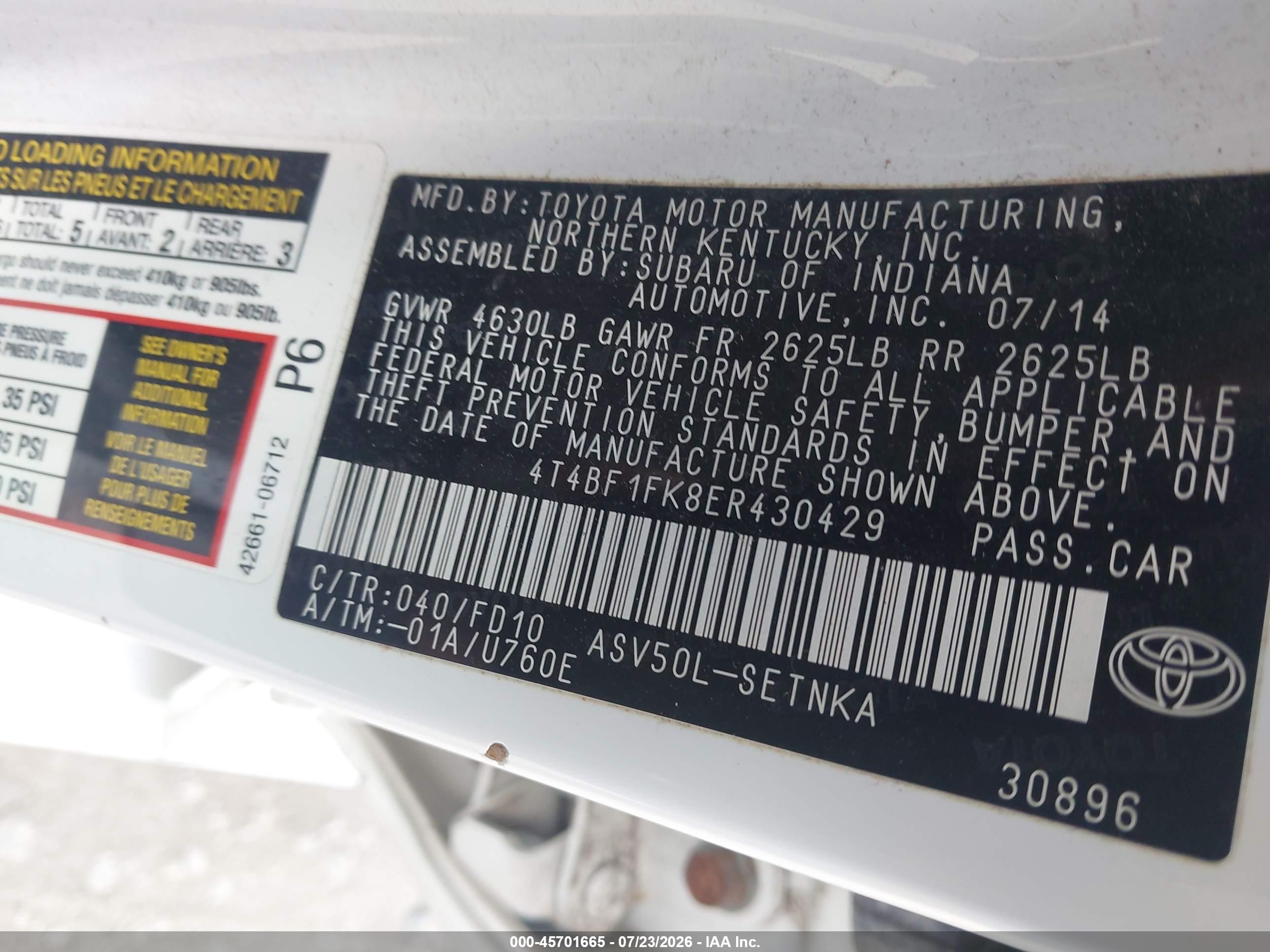 2014 Toyota Camry Le White vin: 4T4BF1FK8ER430429
