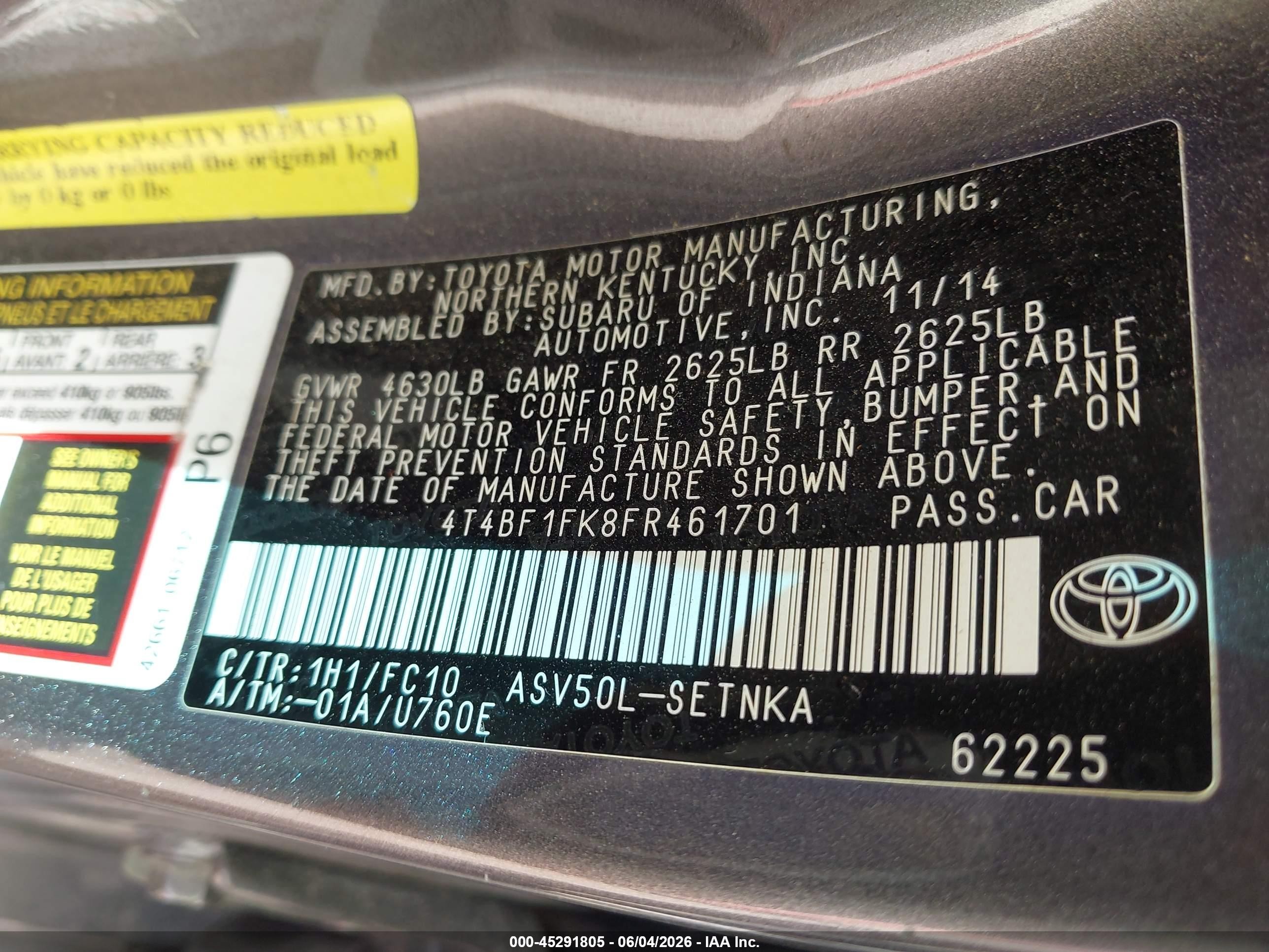 2015 Toyota Camry Le Серый vin: 4T4BF1FK8FR461701