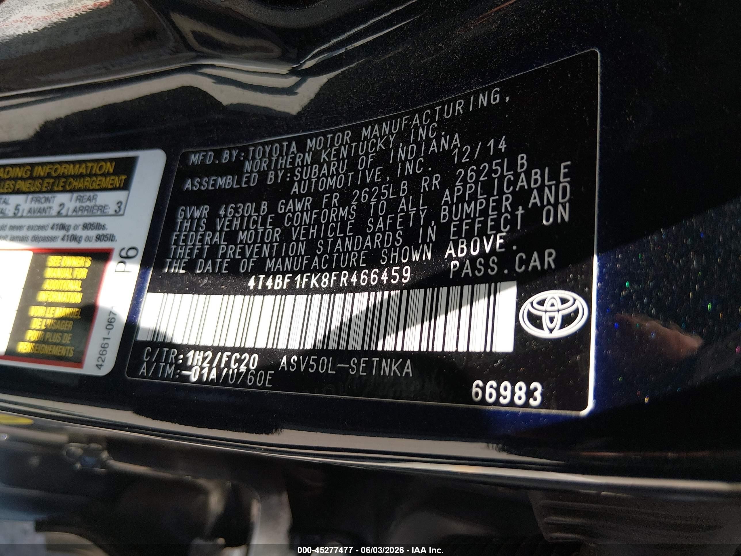 2015 Toyota Camry Le Dark Blue vin: 4T4BF1FK8FR466459