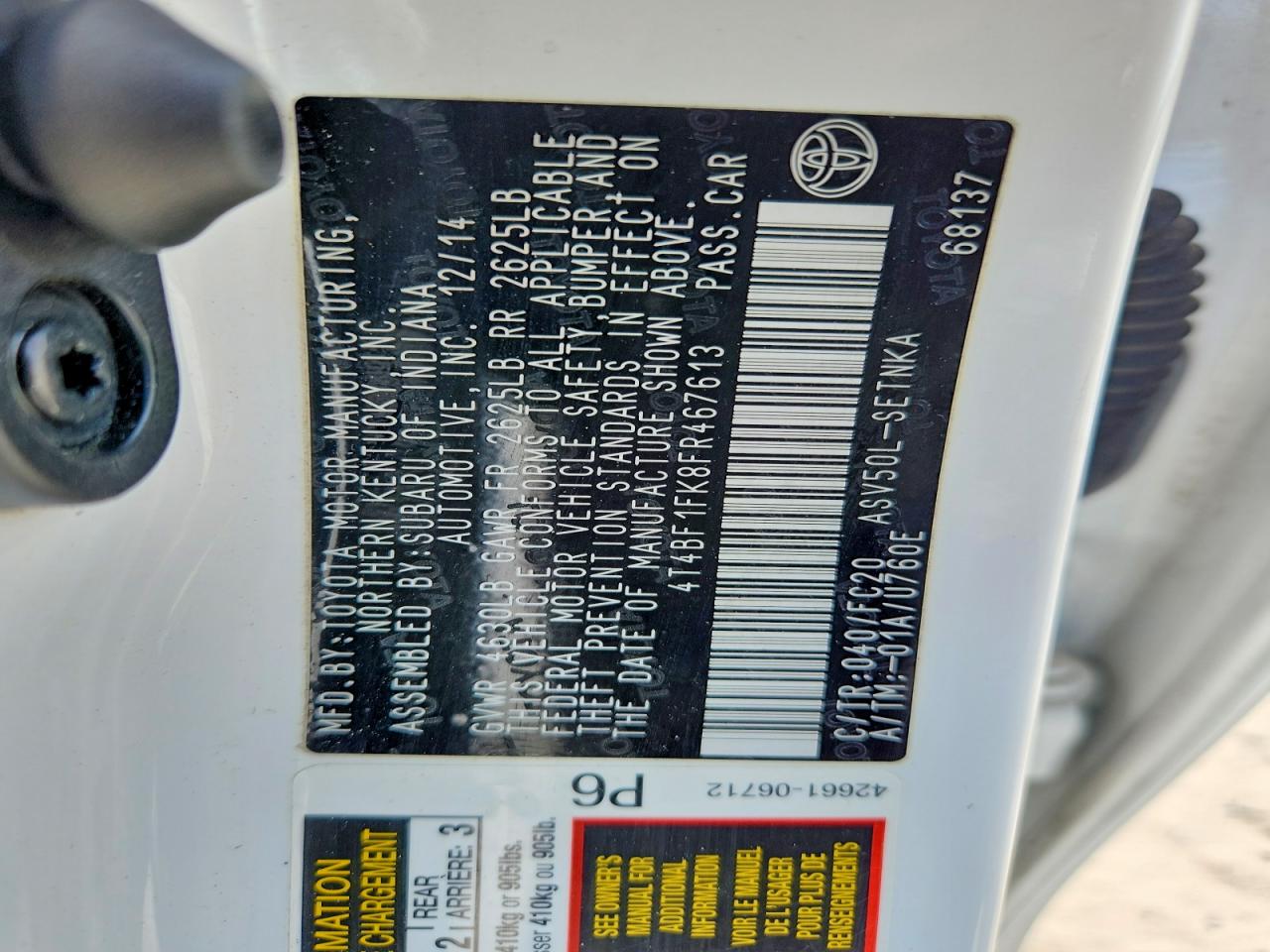 2015 Toyota Camry Le White vin: 4T4BF1FK8FR467613