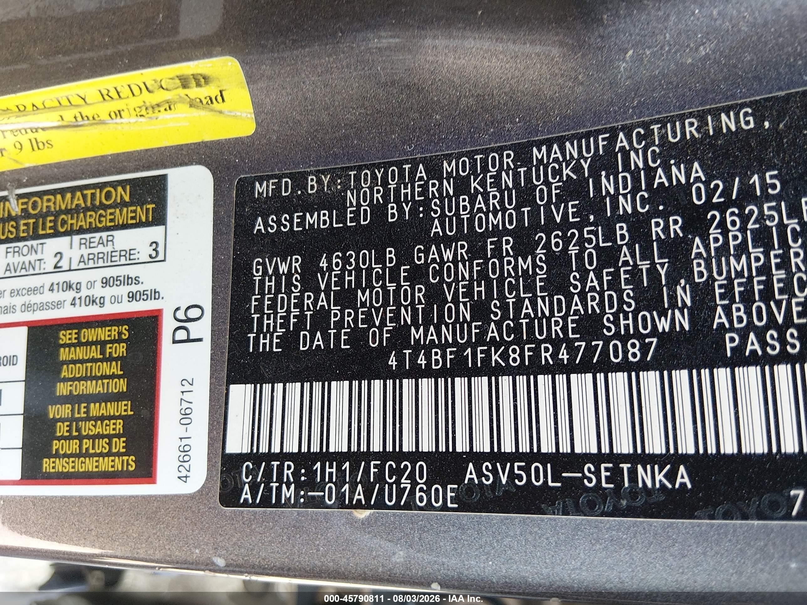 2015 Toyota Camry Le Silver vin: 4T4BF1FK8FR477087