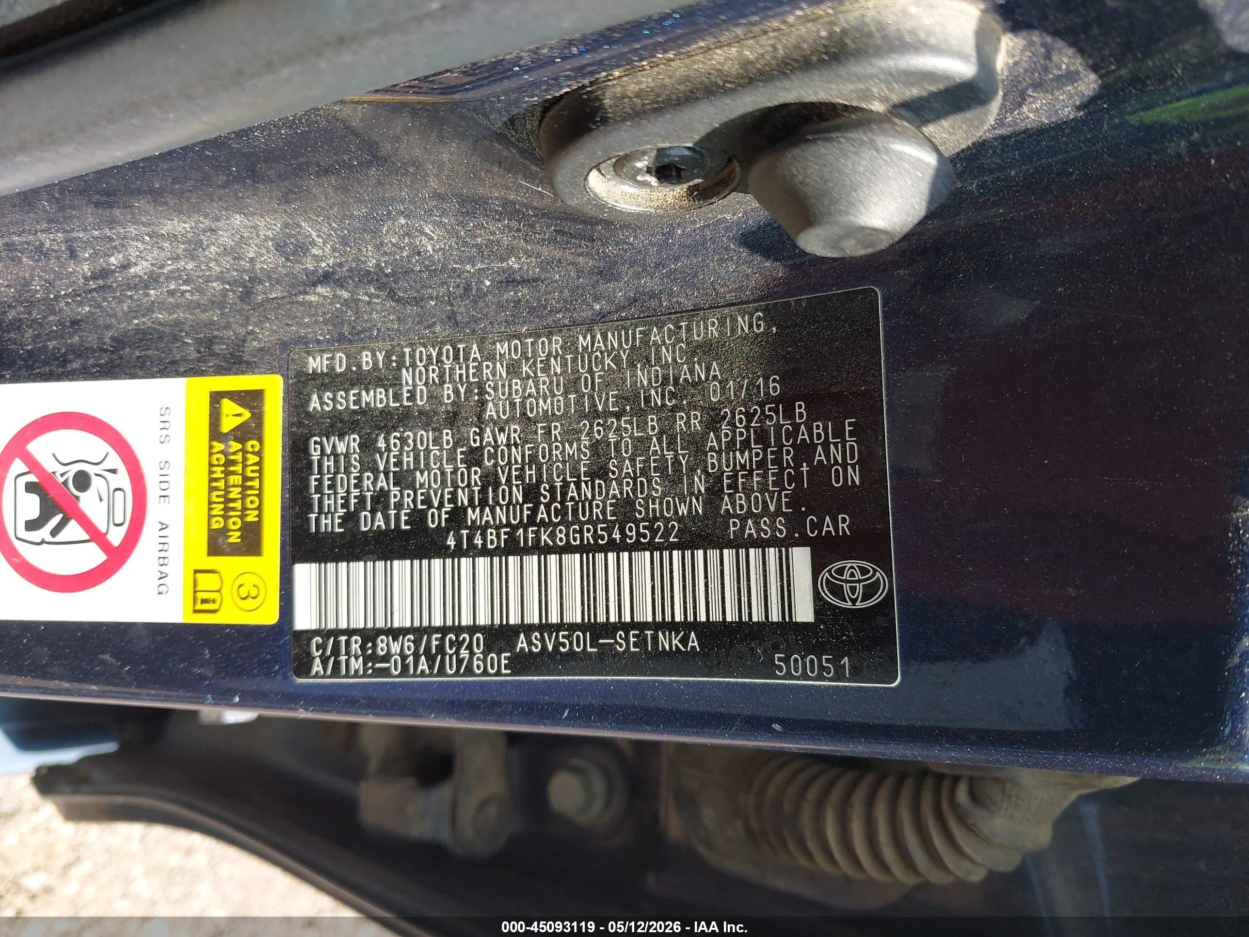 2016 Toyota Camry Le Blue vin: 4T4BF1FK8GR549522