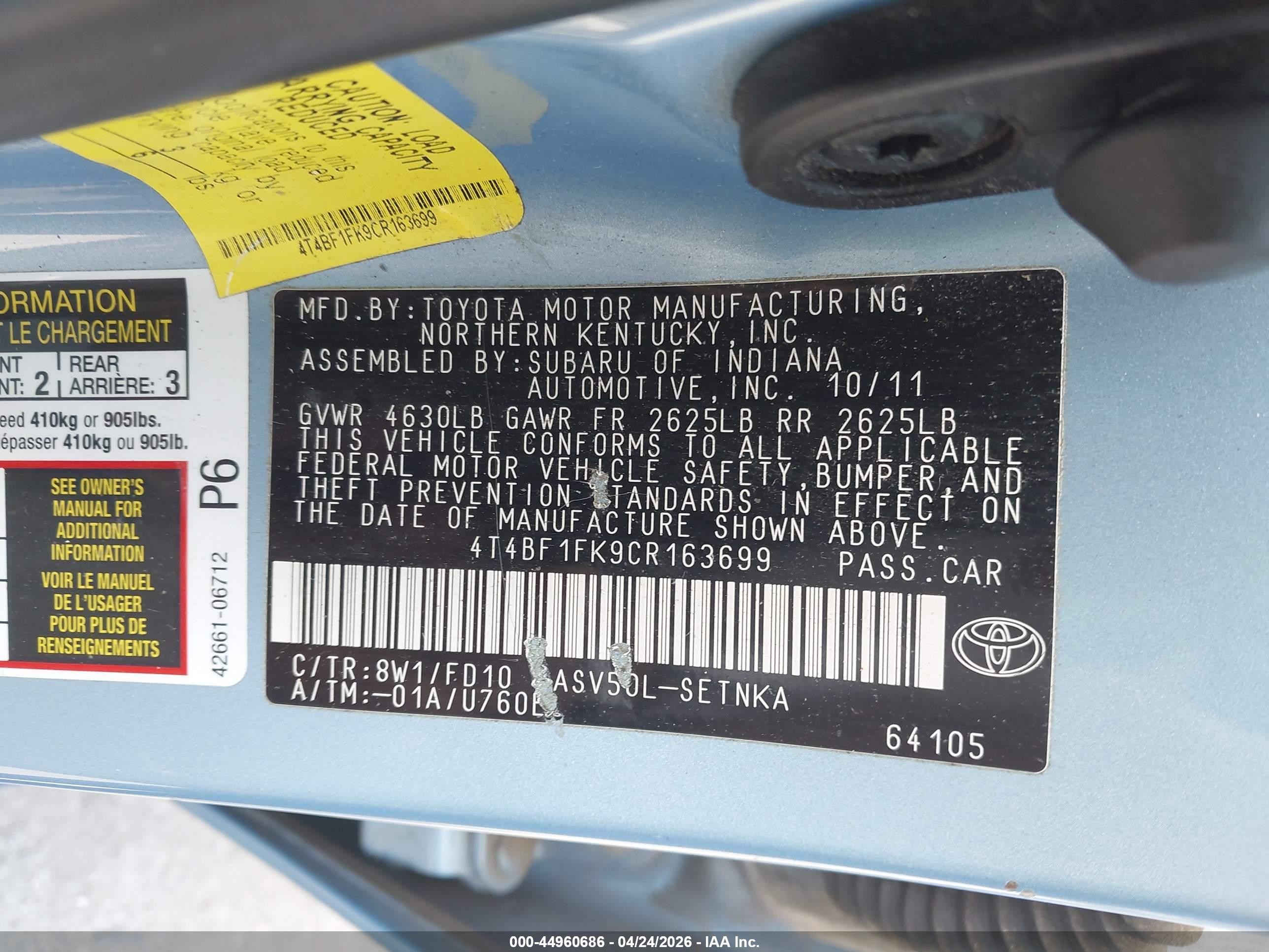2012 Toyota Camry Le Синий vin: 4T4BF1FK9CR163699